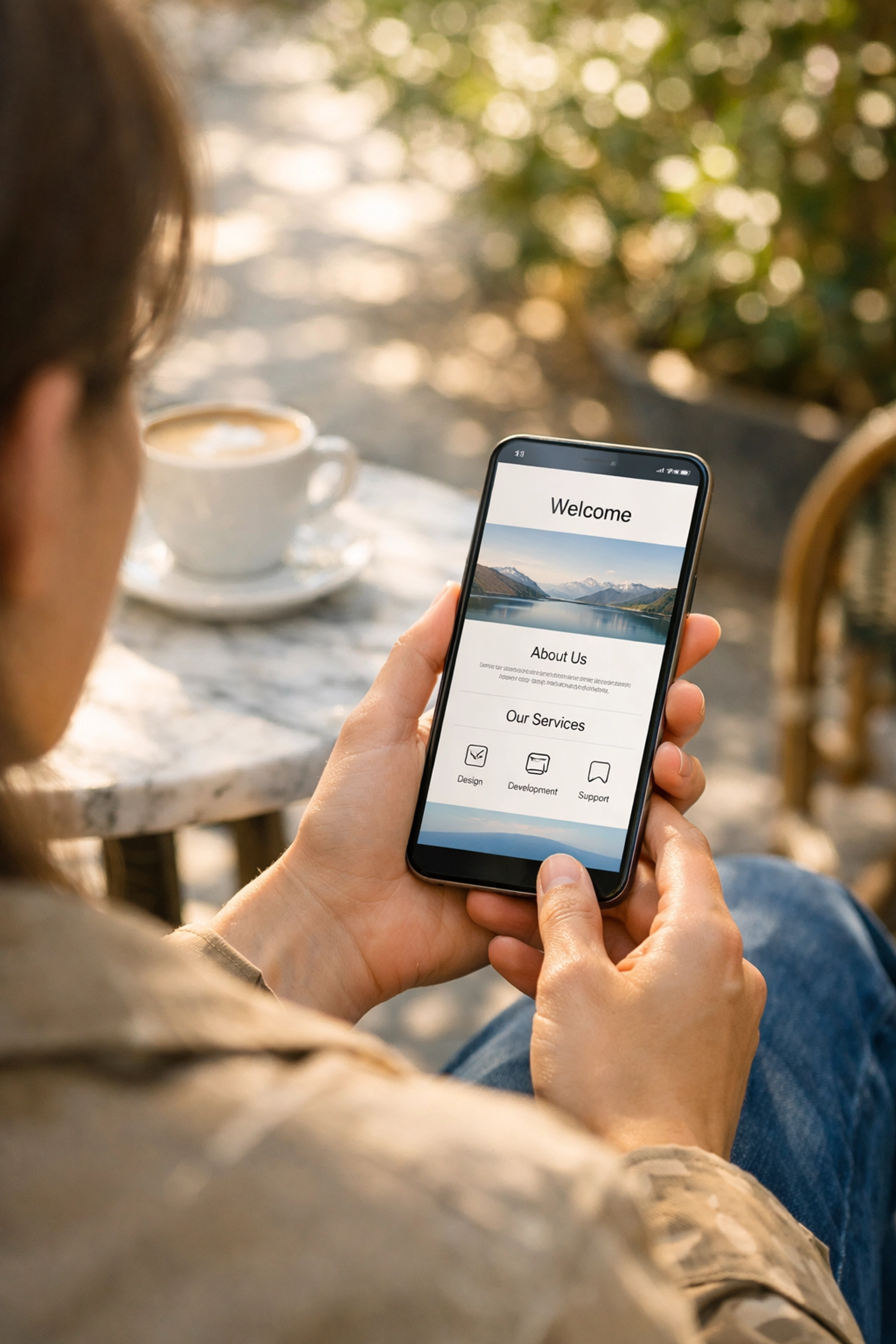 A fast-loading minimalist mobile website being viewed on a smartphone in a natural cafe setting.