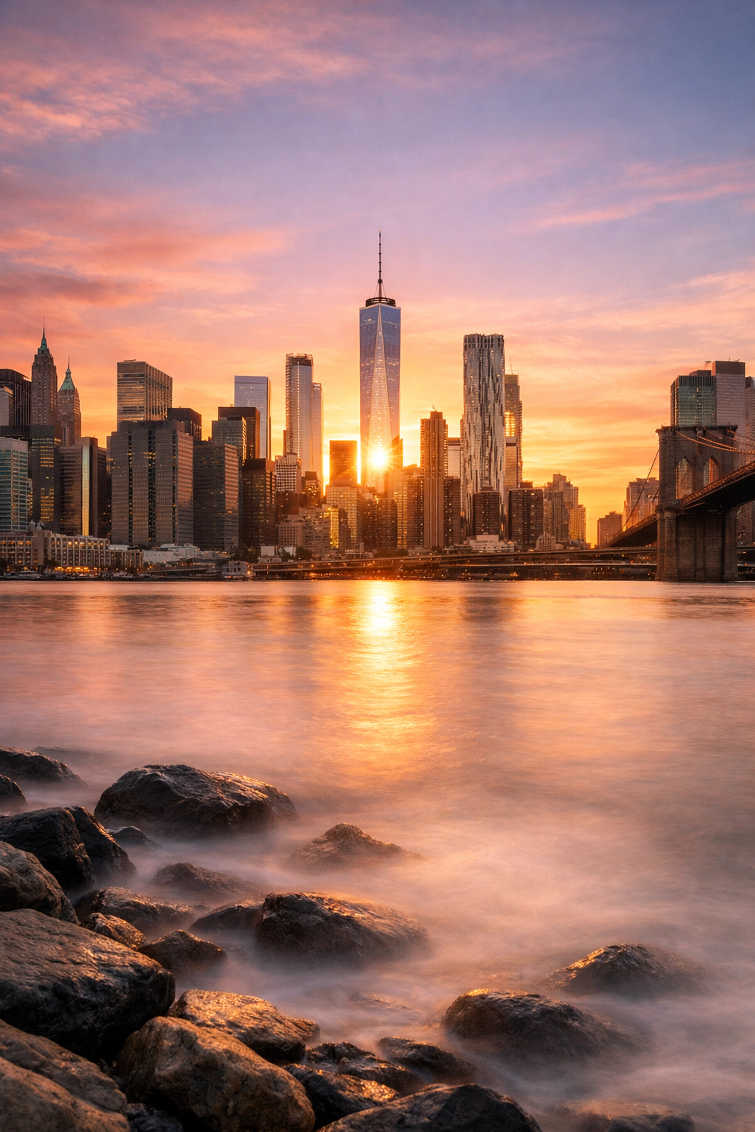 Manhattan skyline from Brooklyn Bridge Park at sunset, a prime New York City photography location.