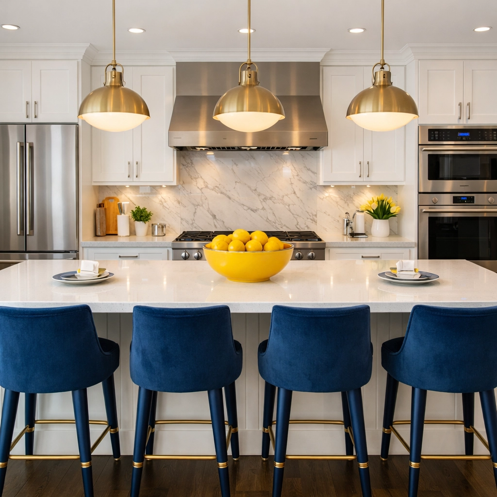 A pristine luxury kitchen with blue accents, maintained by a professional bi weekly house cleaning schedule.