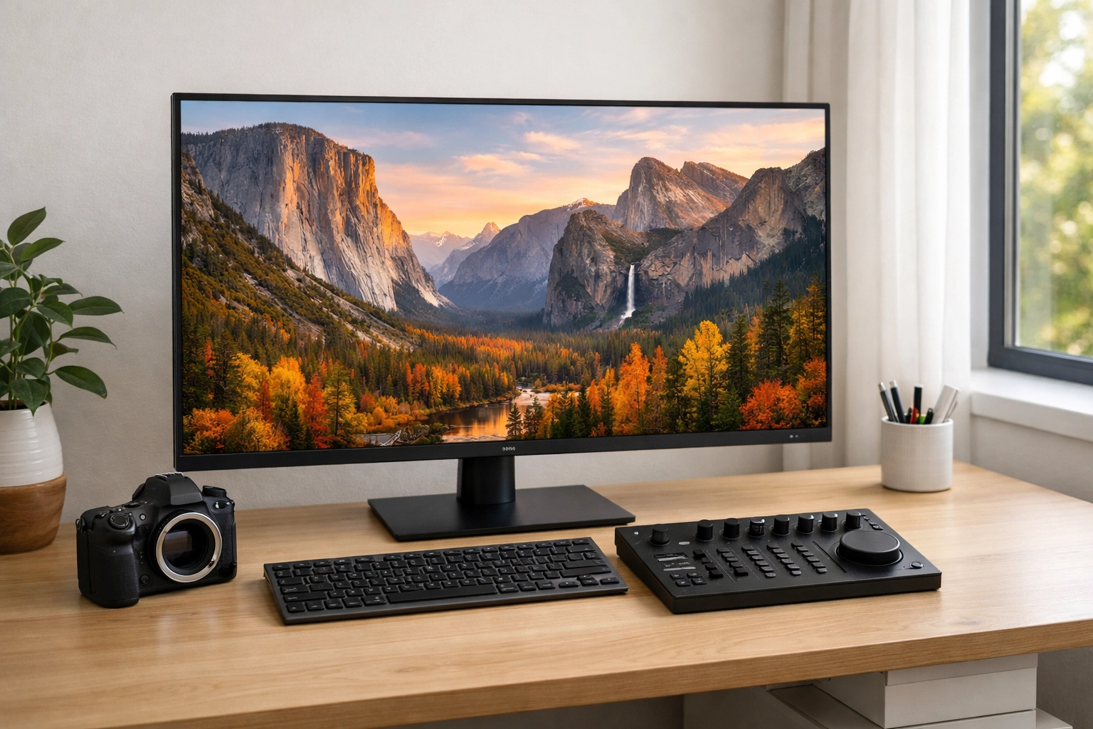 Streamlined photography workflow setup displaying an edited landscape photo of Yosemite National Park.