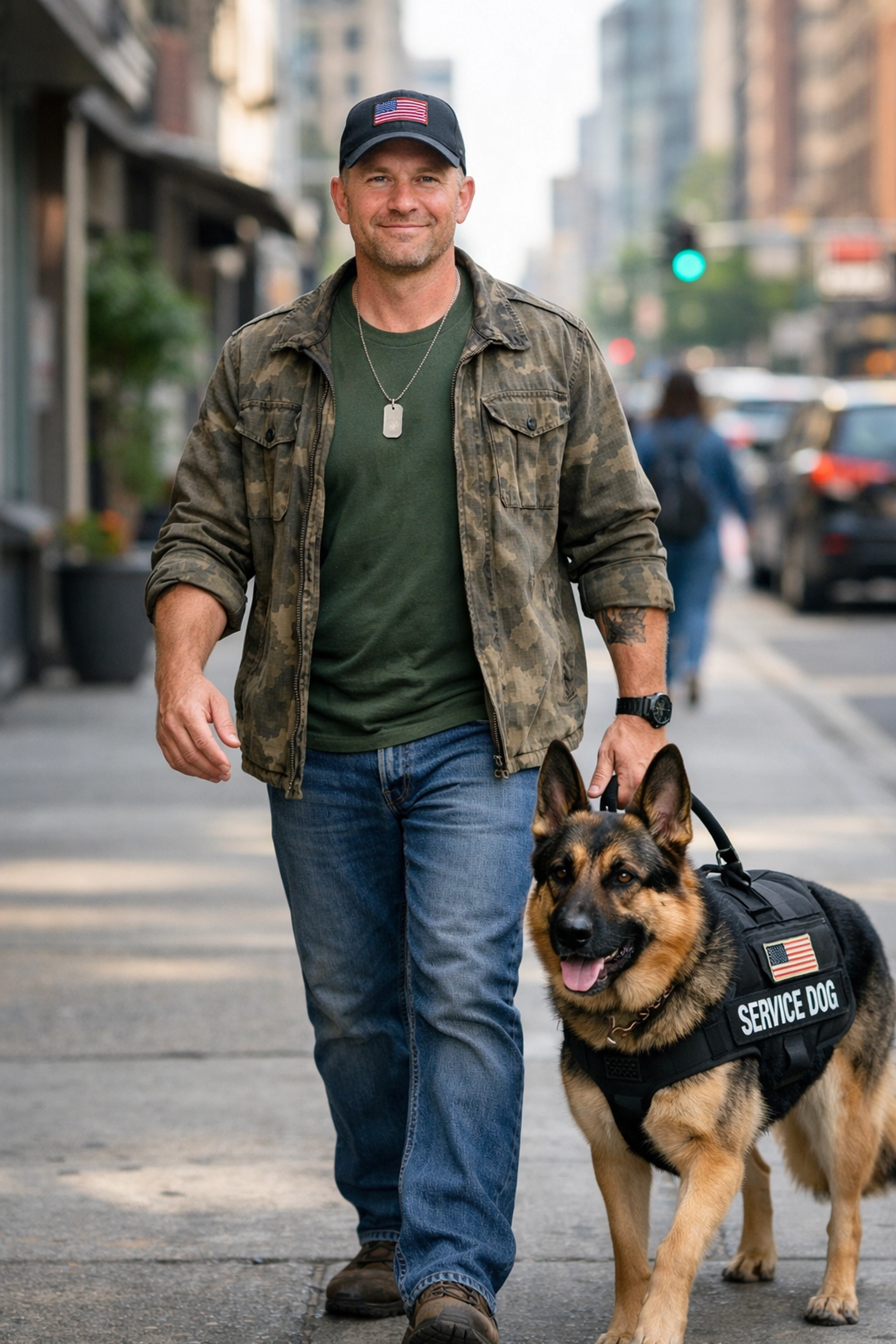 Veteran walking confidently with German Shepherd service dog showing independence and reintegration