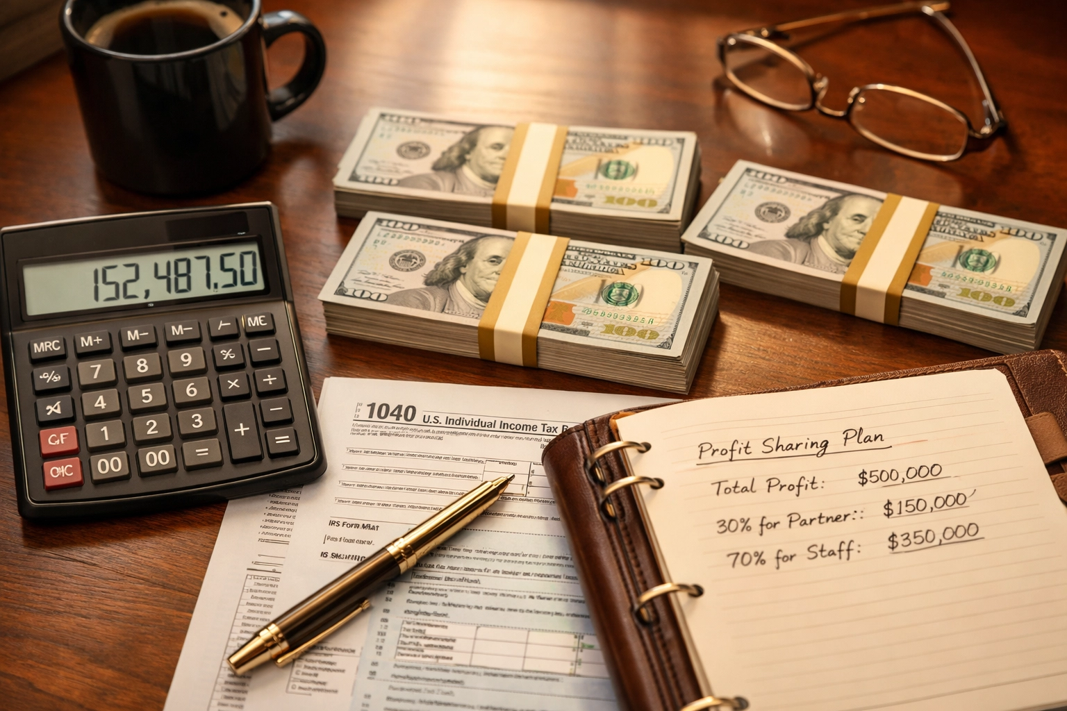 S-Corp owner calculating profit-sharing 401(k) contributions and tax savings