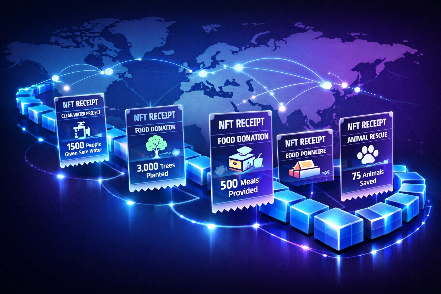 Blockchain NFT receipts connecting crypto transactions to worldwide charity impact