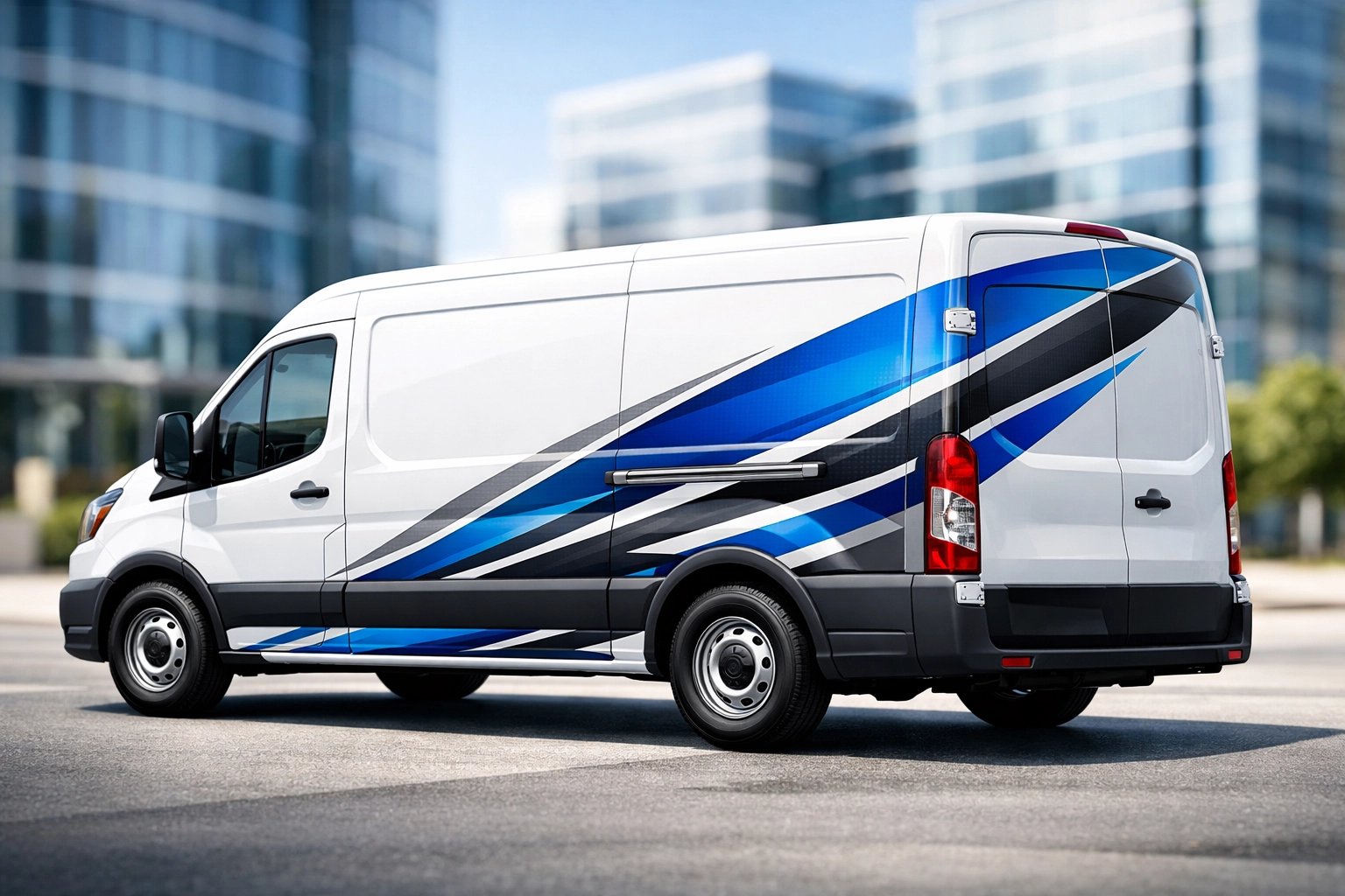 A white service van with custom vehicle decals parked in a DFW business district for mobile advertising.
