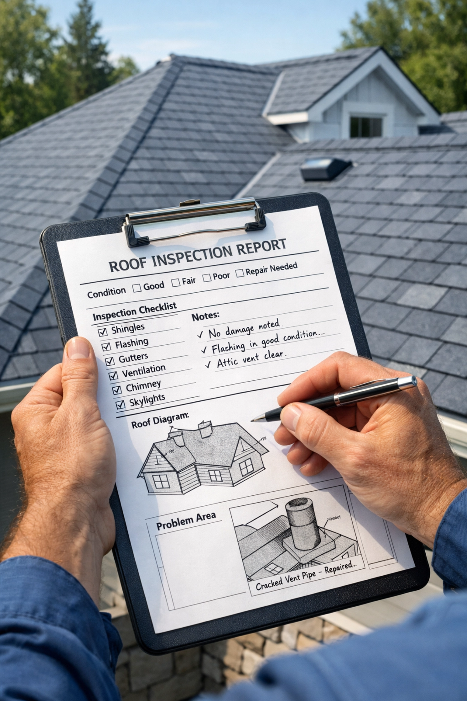 Professional roofer documenting roof survey inspection with detailed notes and diagrams