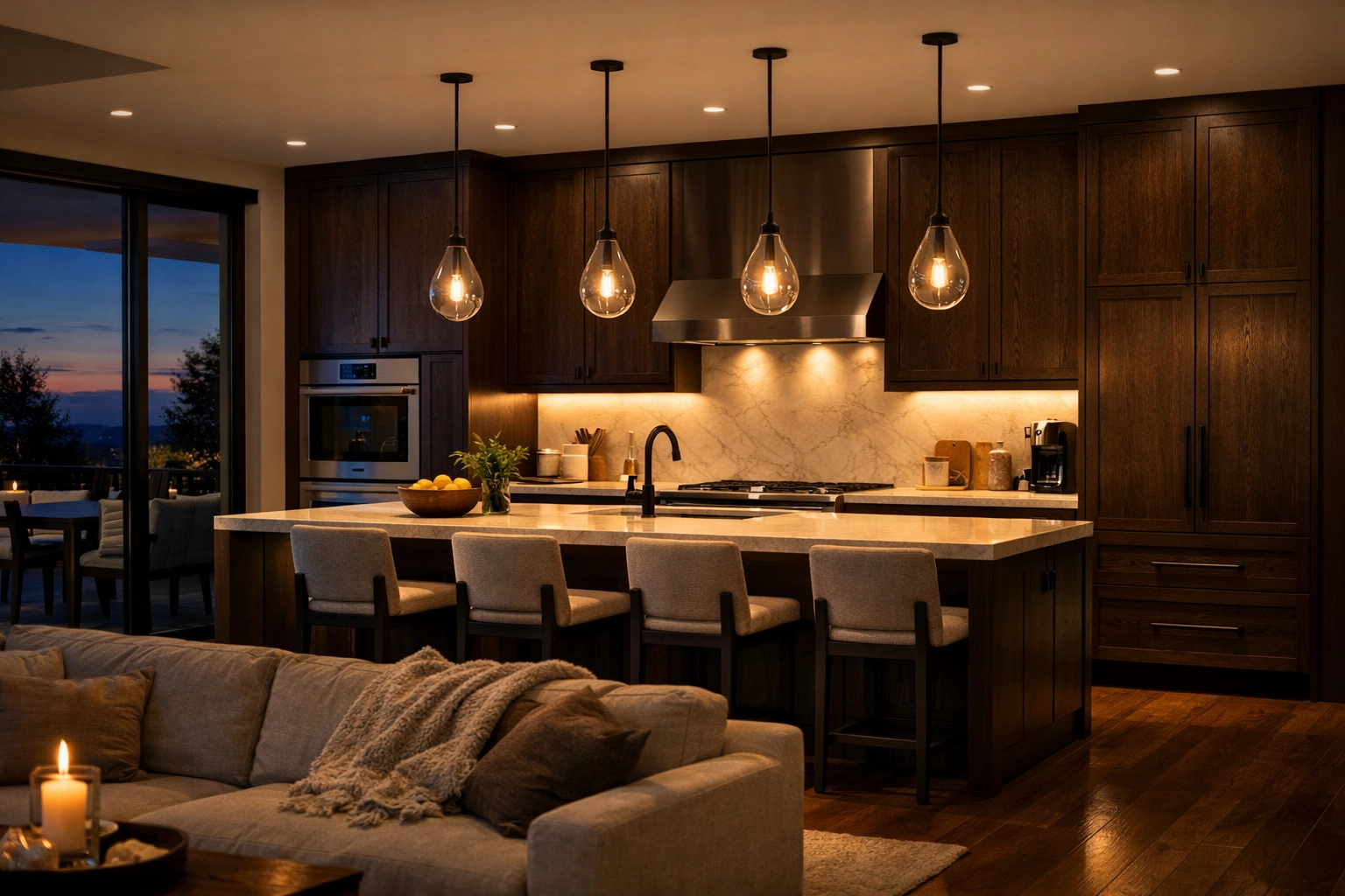Ambiance de cuisine chaleureuse créée par un éclairage sous armoire LED 3000K en soirée.