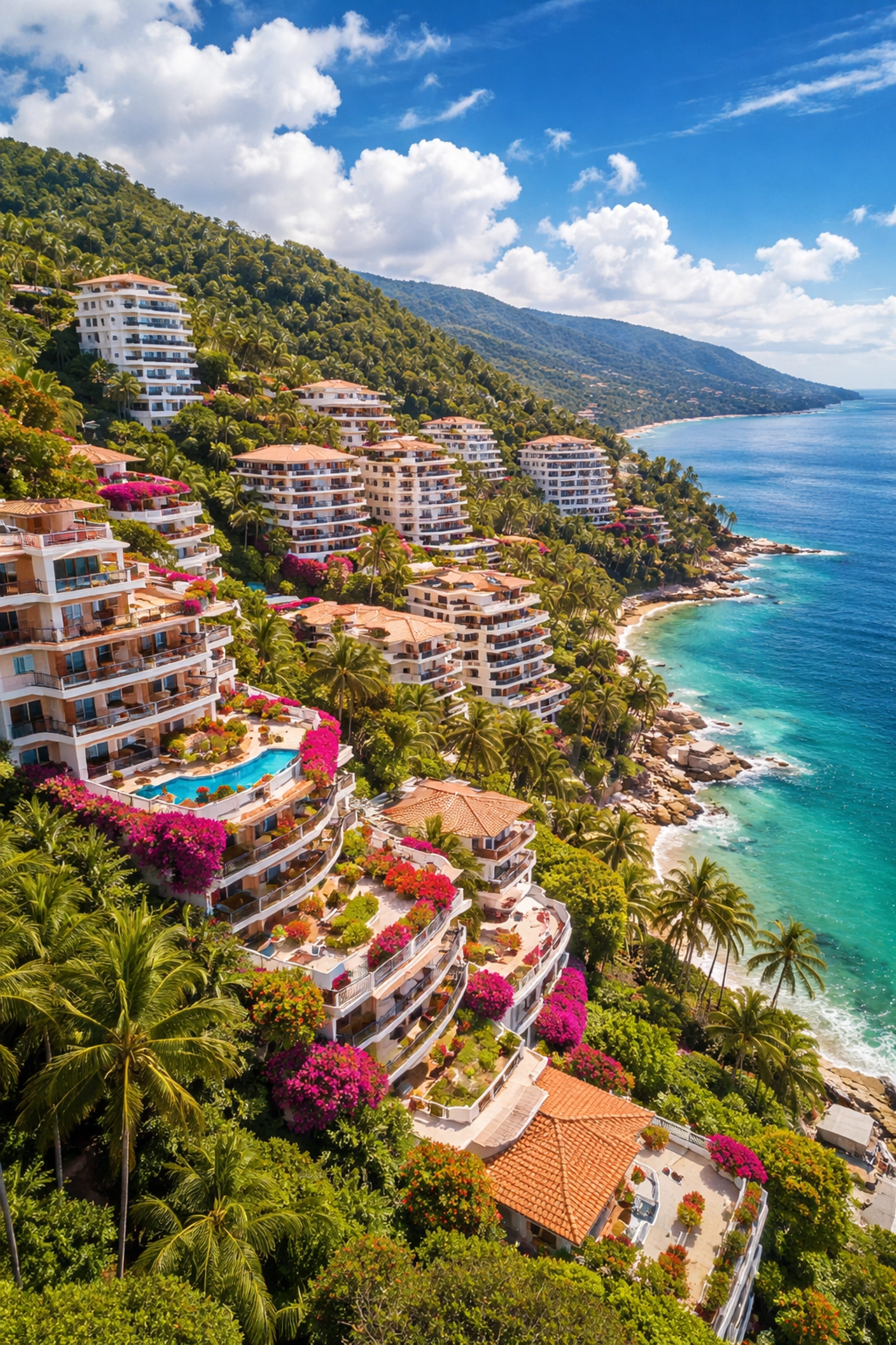 Aerial view of Amapas neighborhood condos and Banderas Bay, highlighting tranquil Puerto Vallarta condo rentals