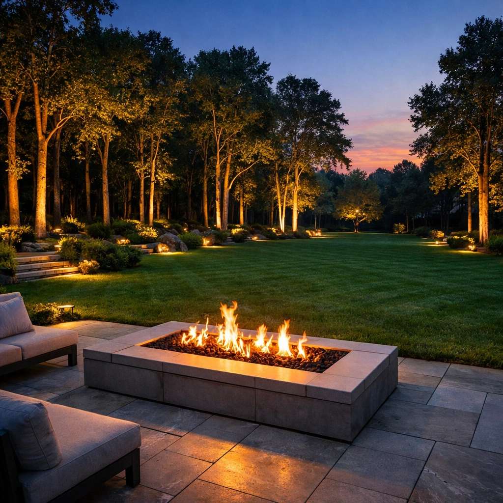 A luxury backyard with a stone patio and fire pit surrounded by a professionally managed forest and lawn.