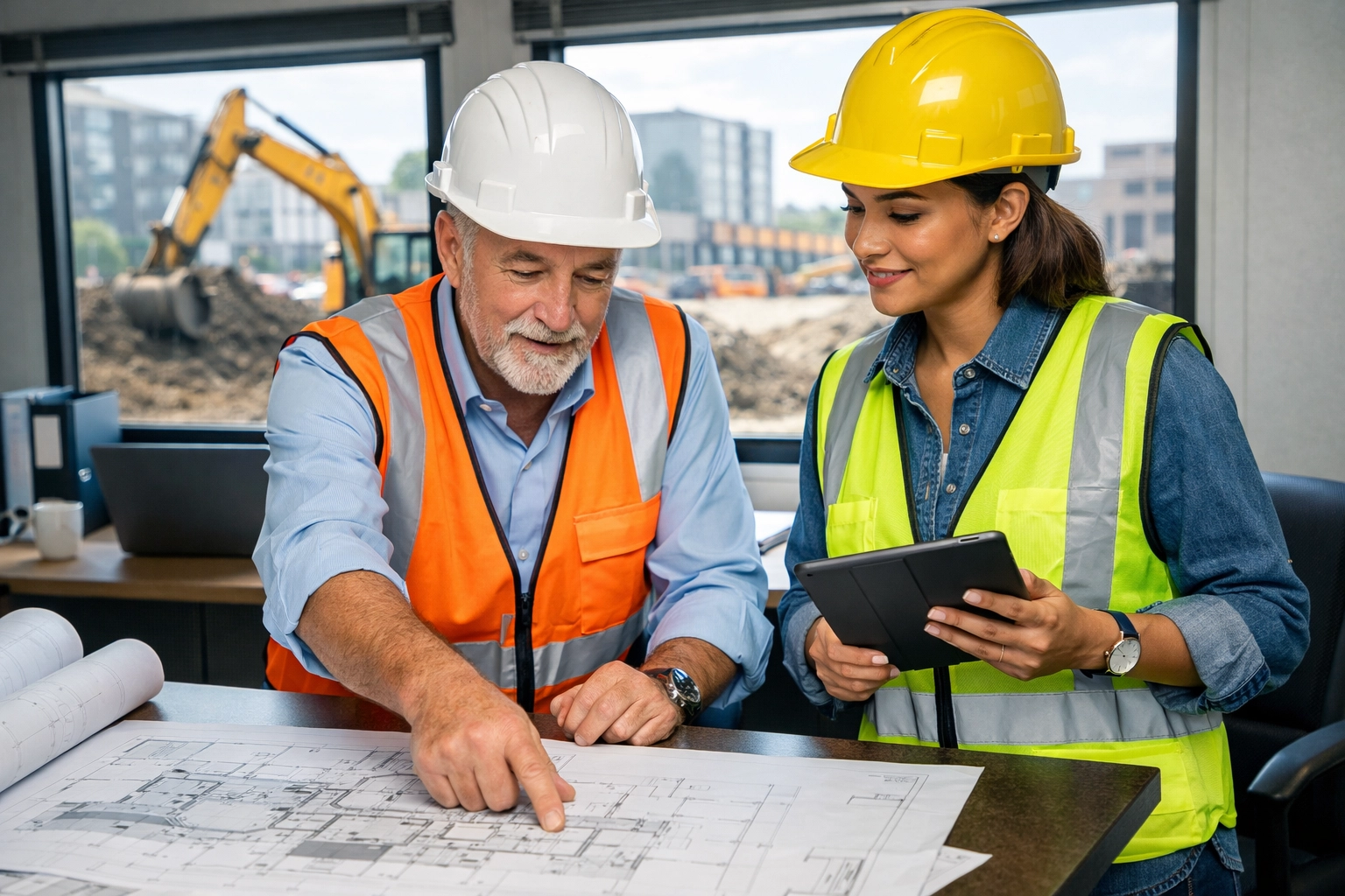 Engineers reviewing brownfield remediation plans at New Jersey redevelopment site