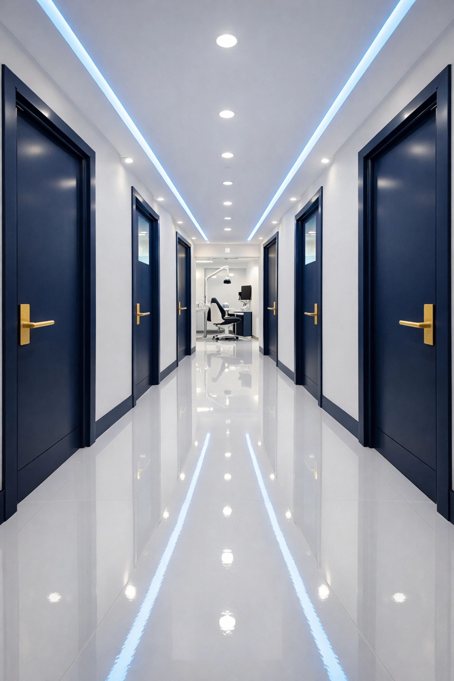 Sanitized dental clinic hallway with high-gloss floors, reflecting professional medical cleaning.