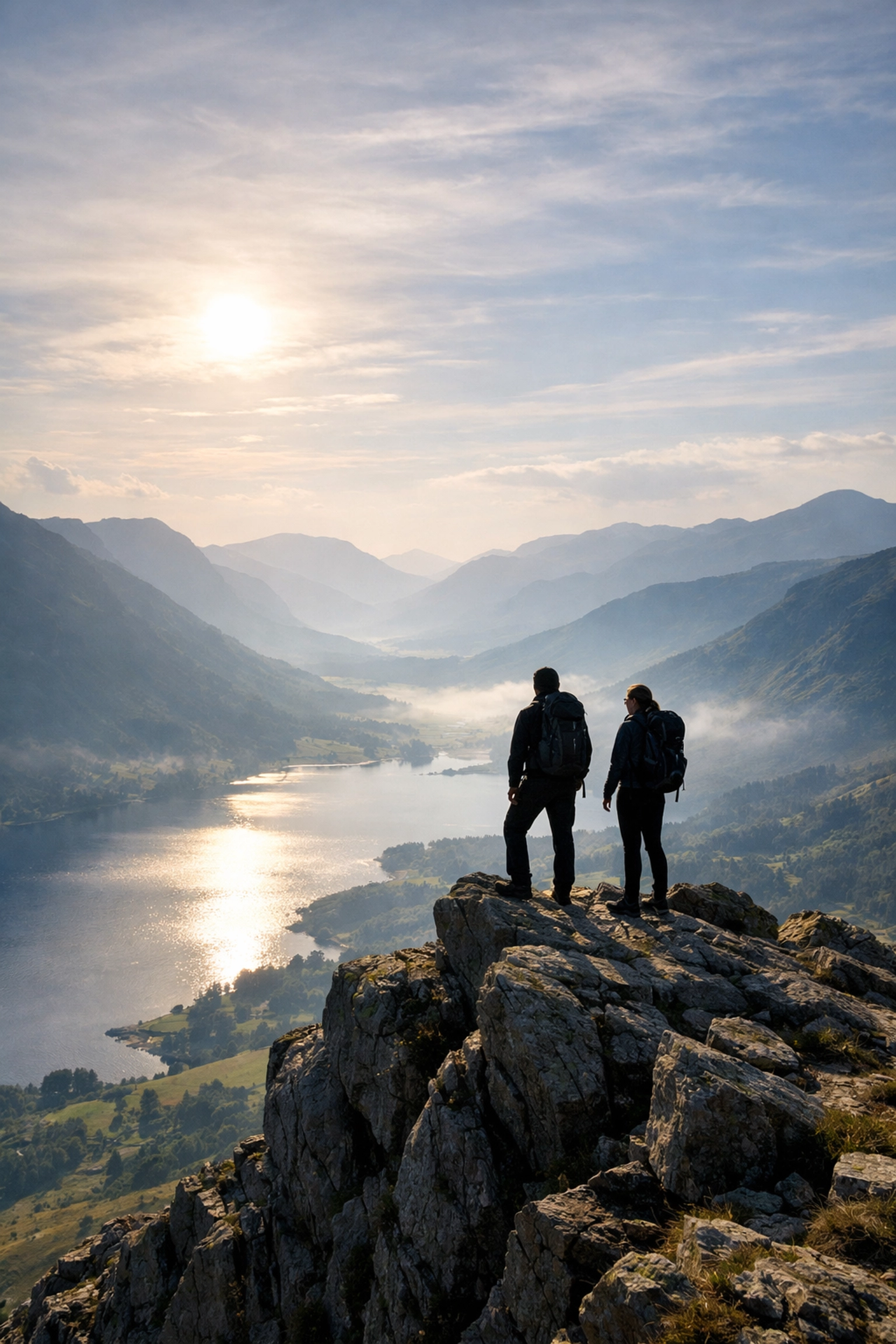 Two hikers overlook a misty valley on a stunning guided walk in the Lake District.