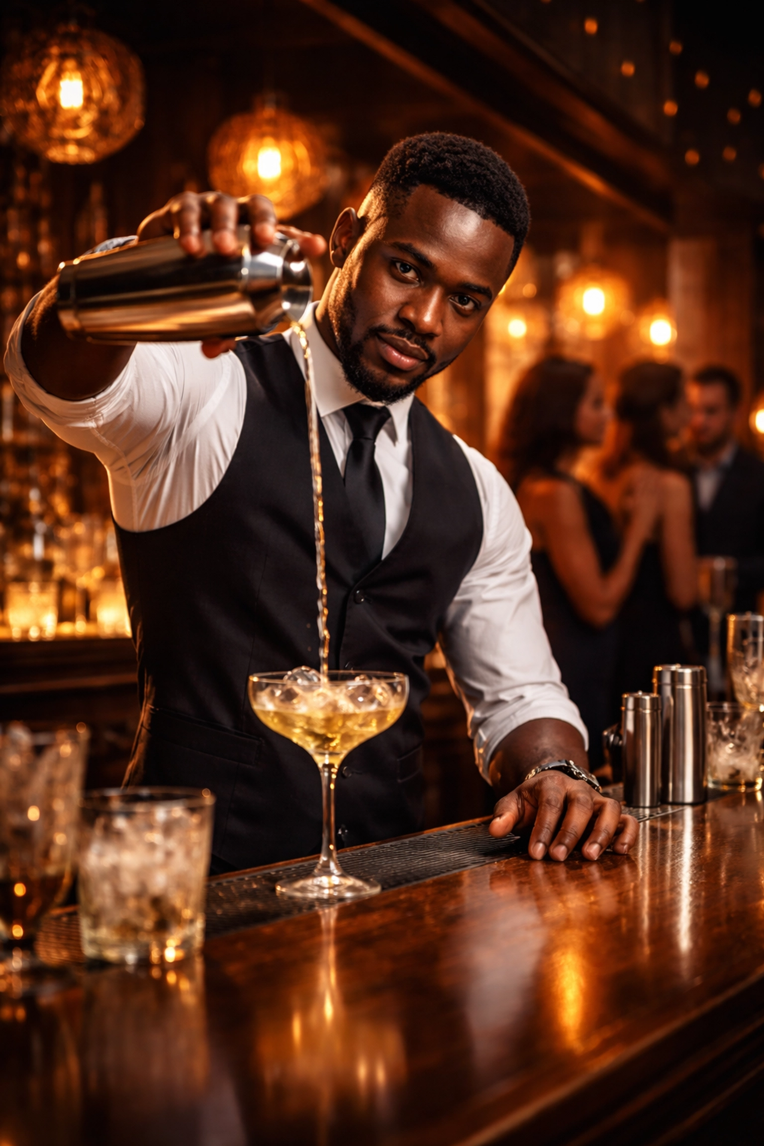 Professional African American mixologist preparing craft cocktails in a chic lounge with admiring guests, highlighting luxury bartending services.