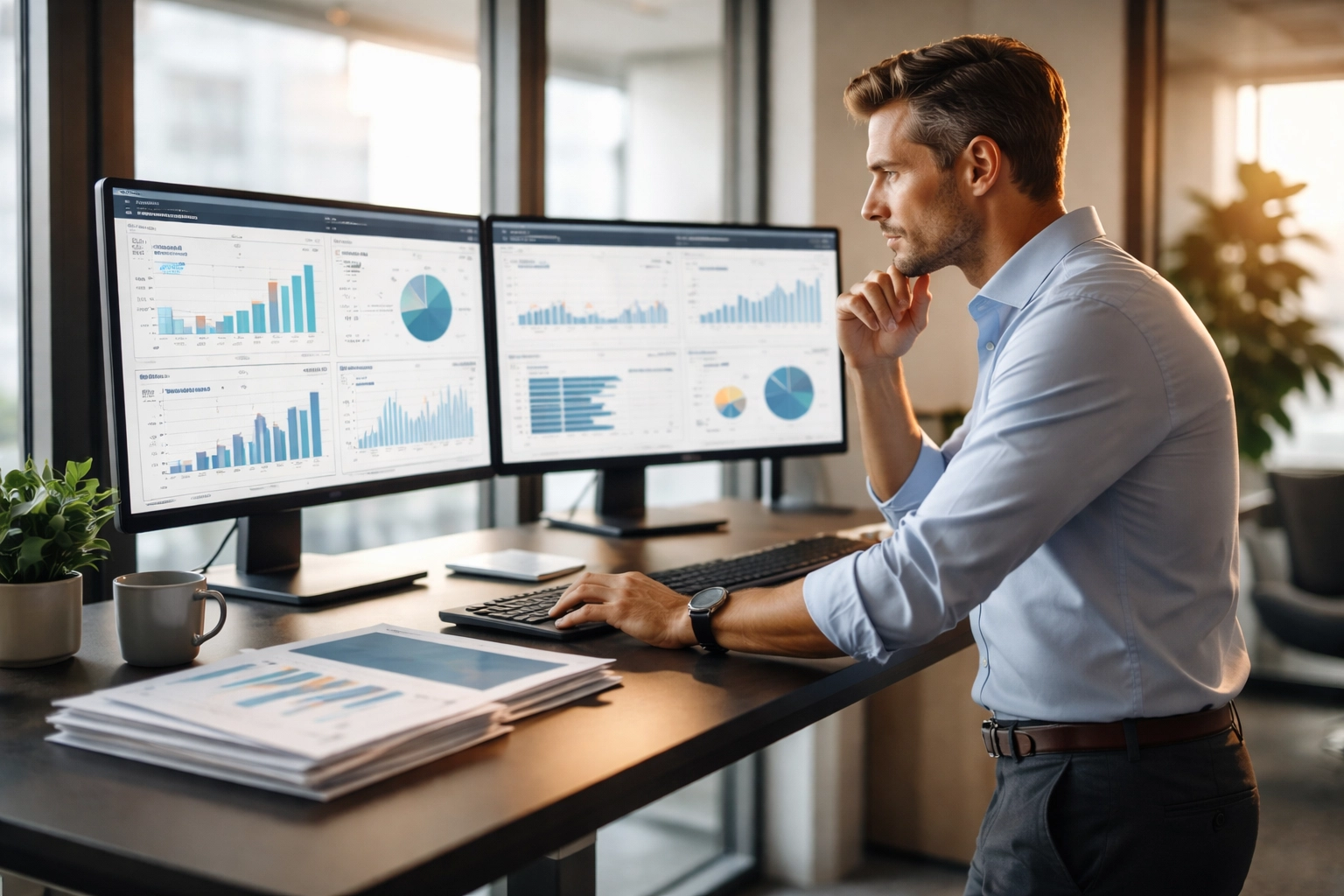 Financial executive reviews cash flow dashboards at a standing desk, highlighting financial resilience and forecasting practices.