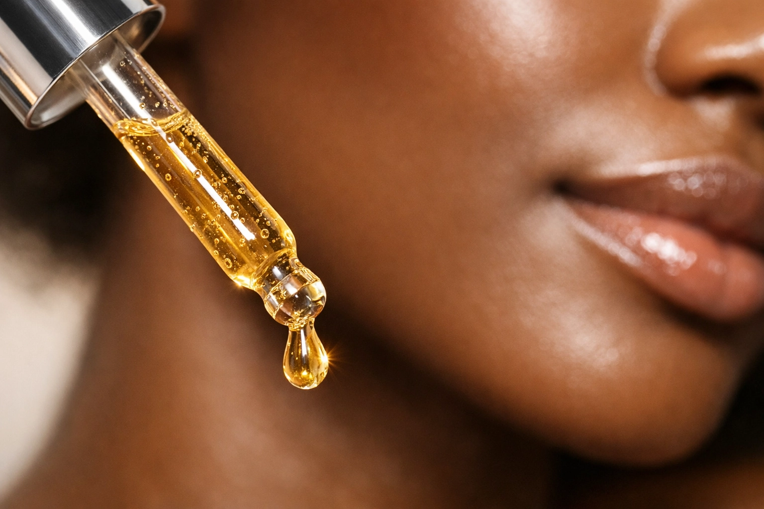 Close-up of a golden Vitamin C and E serum drop designed to fade dark spots on melanin-rich skin.