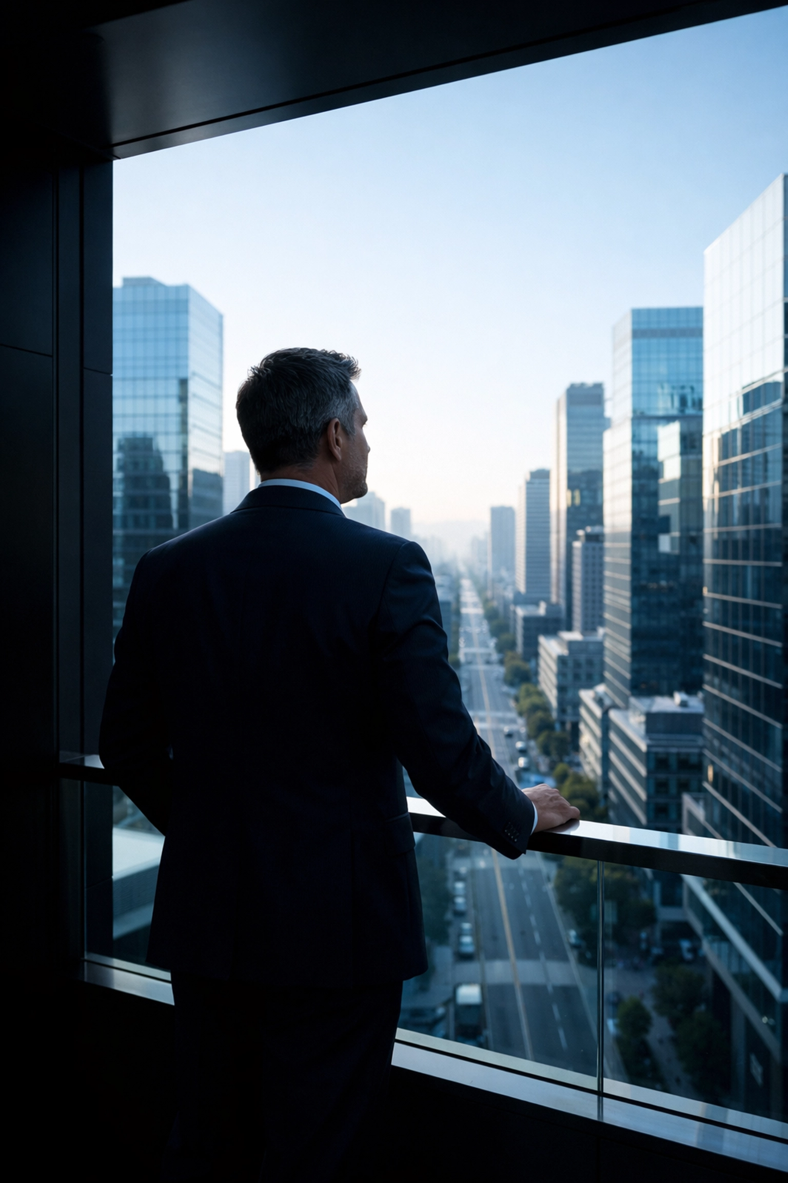 Professional leader overlooking a resilient city grid to visualize emergency management strategies.
