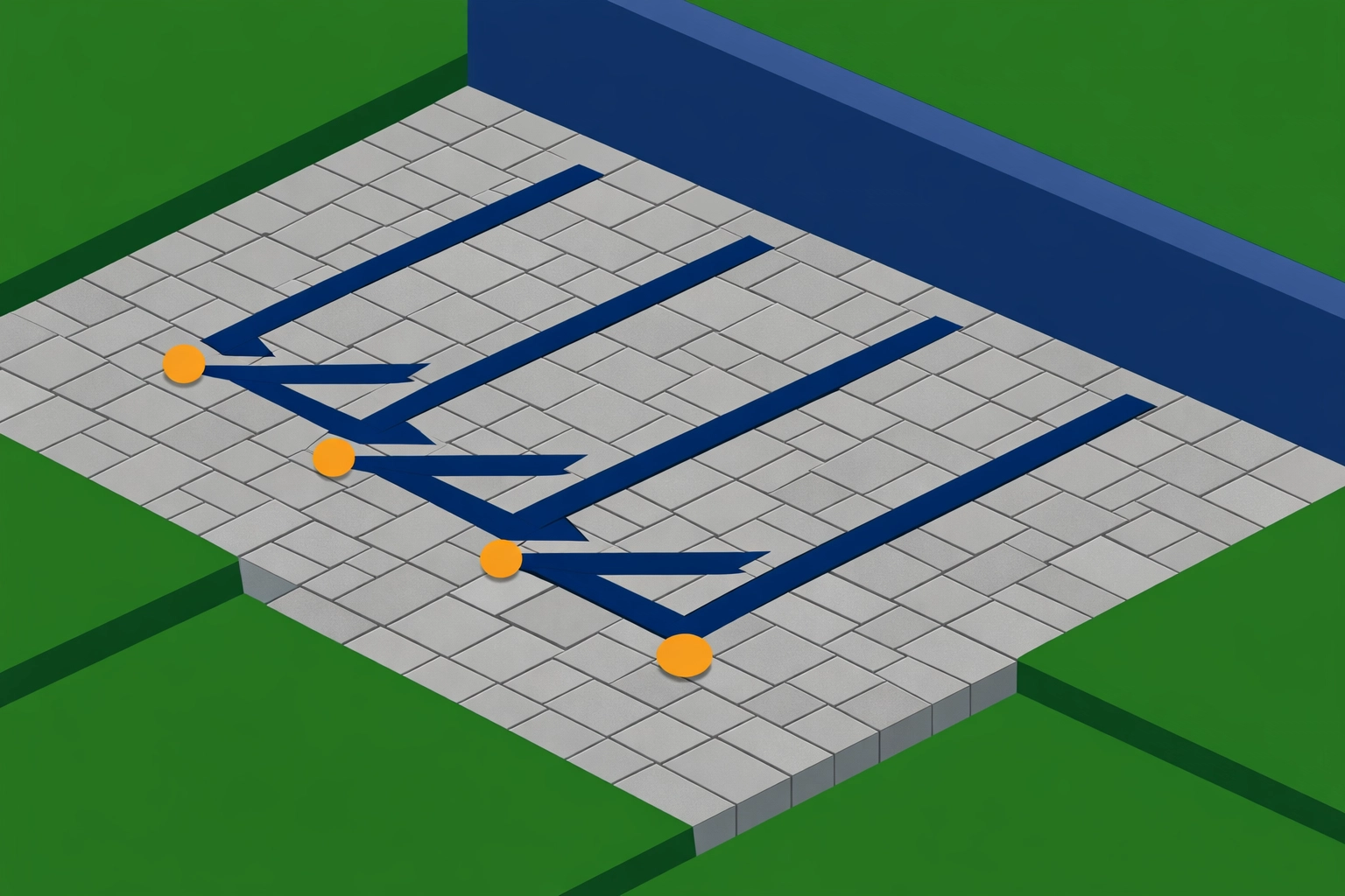 Top-down view of an interlocking stone patio showing an engineered slope for effective water runoff management.