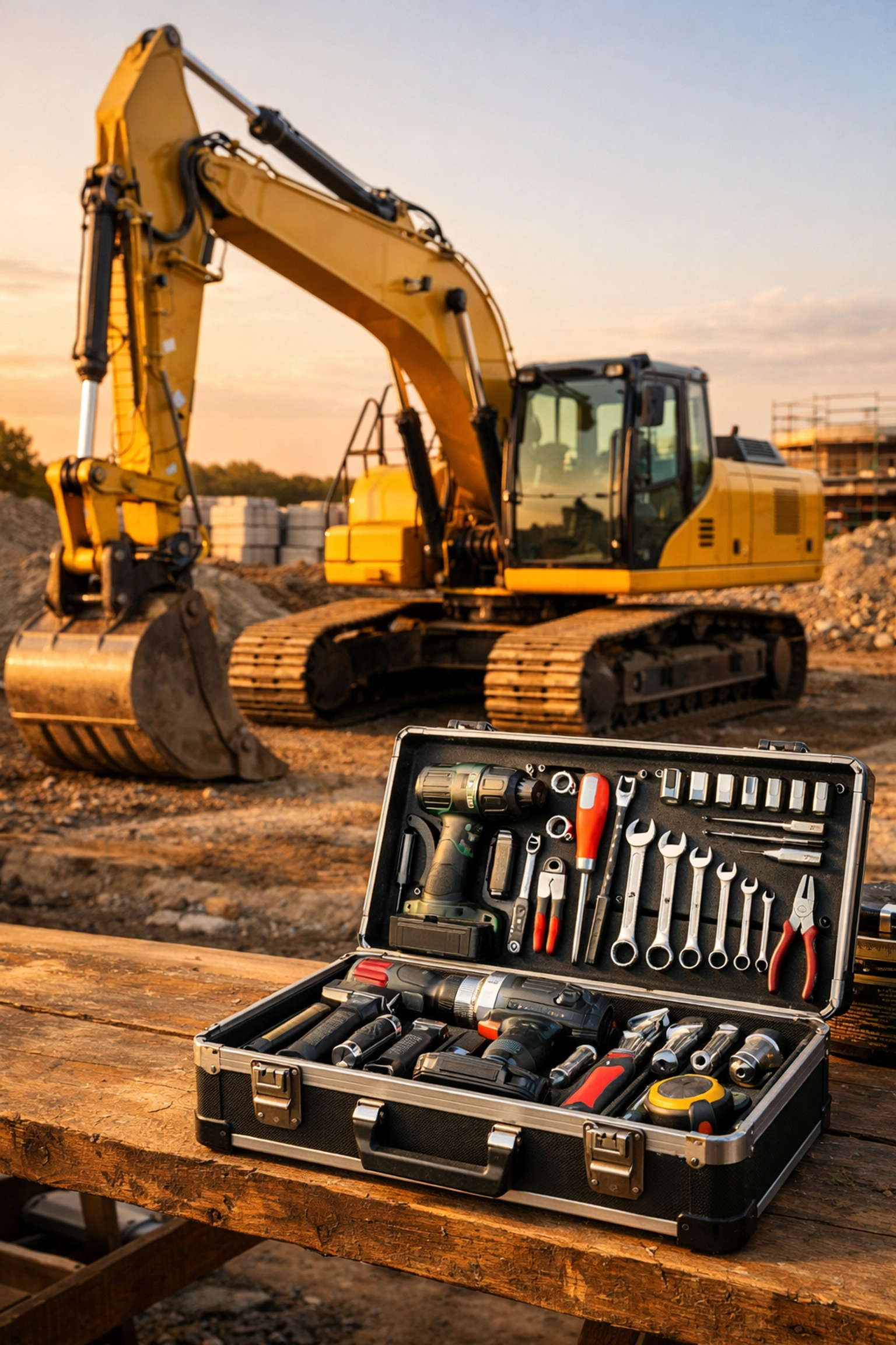 Excavator and organized tool box representing scheduled and unscheduled specialty contractor equipment.