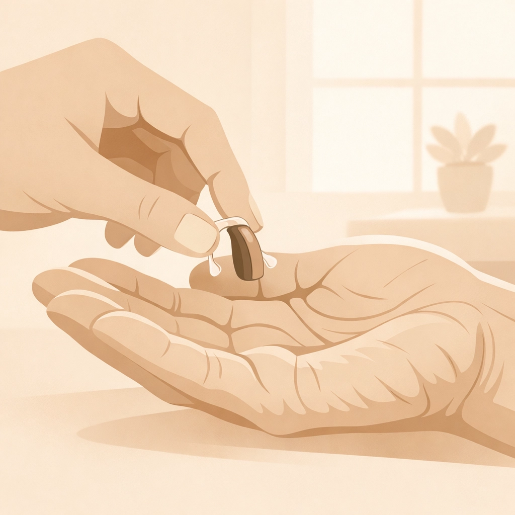 A specialist placing a modern hearing aid into a patient's hand during an in-home audiology session.