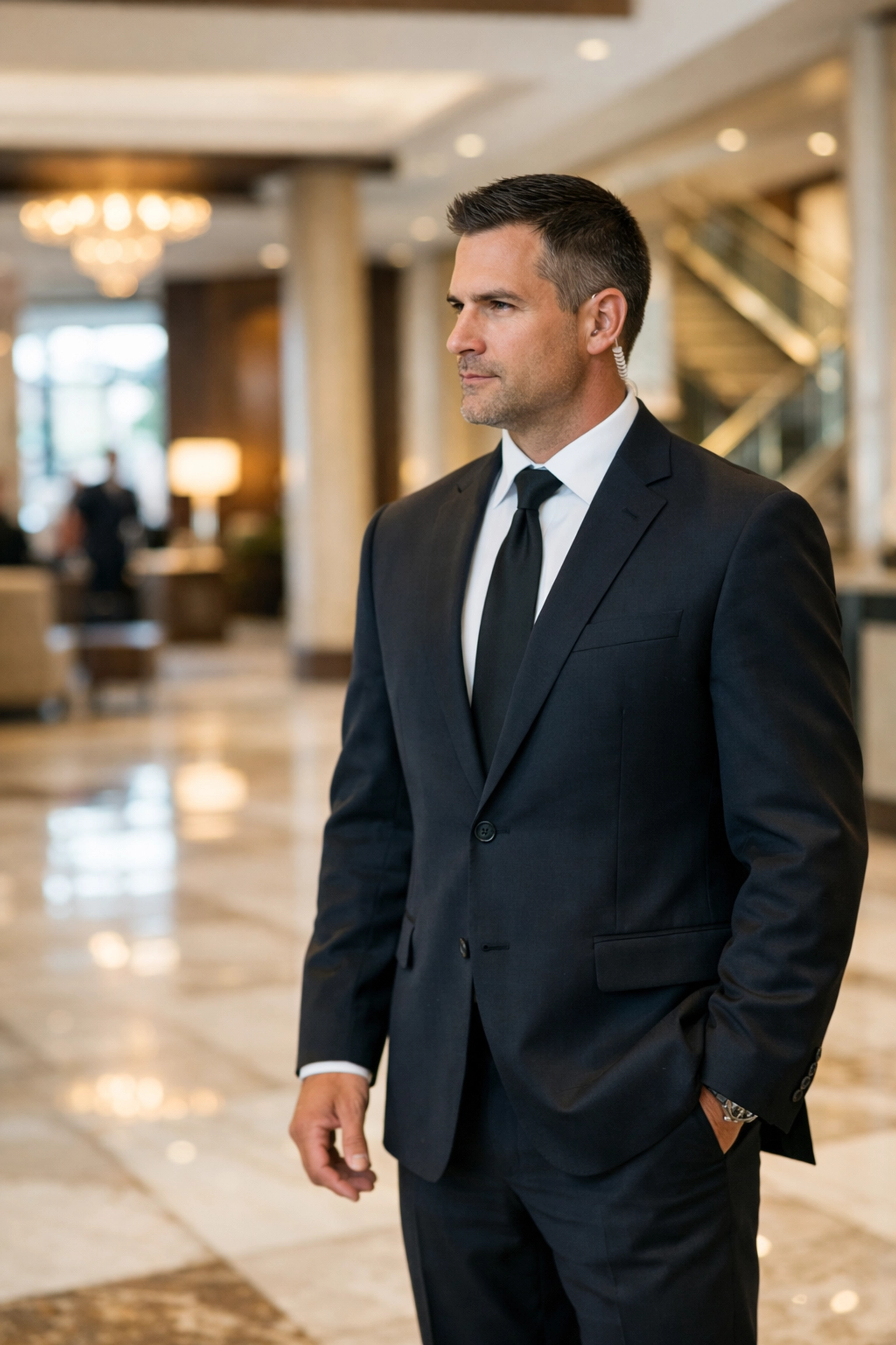 Discreet VIP security professional providing executive protection at Super Bowl event