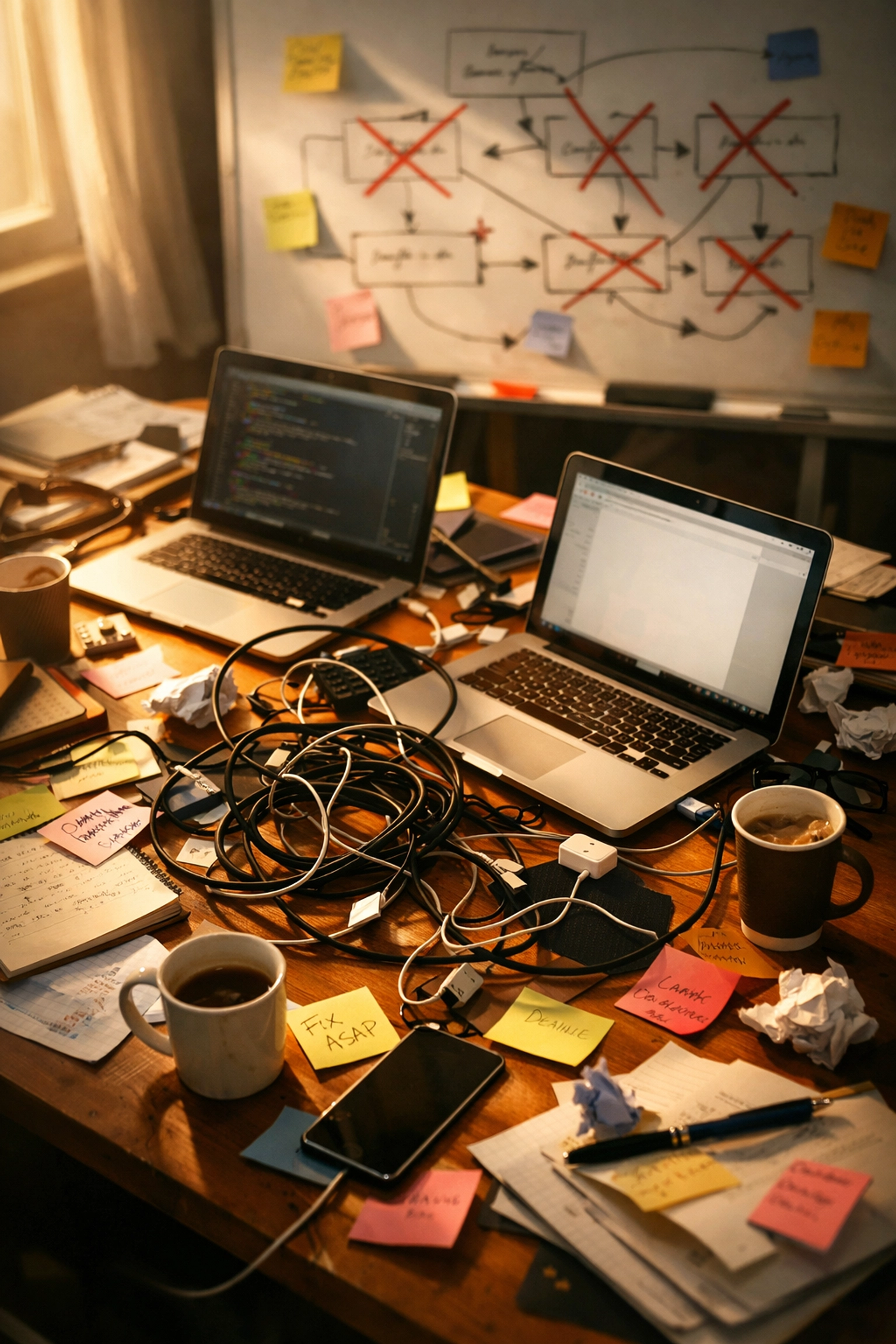 Chaotic office desk with tangled cables showing broken workflow systems before AI automation