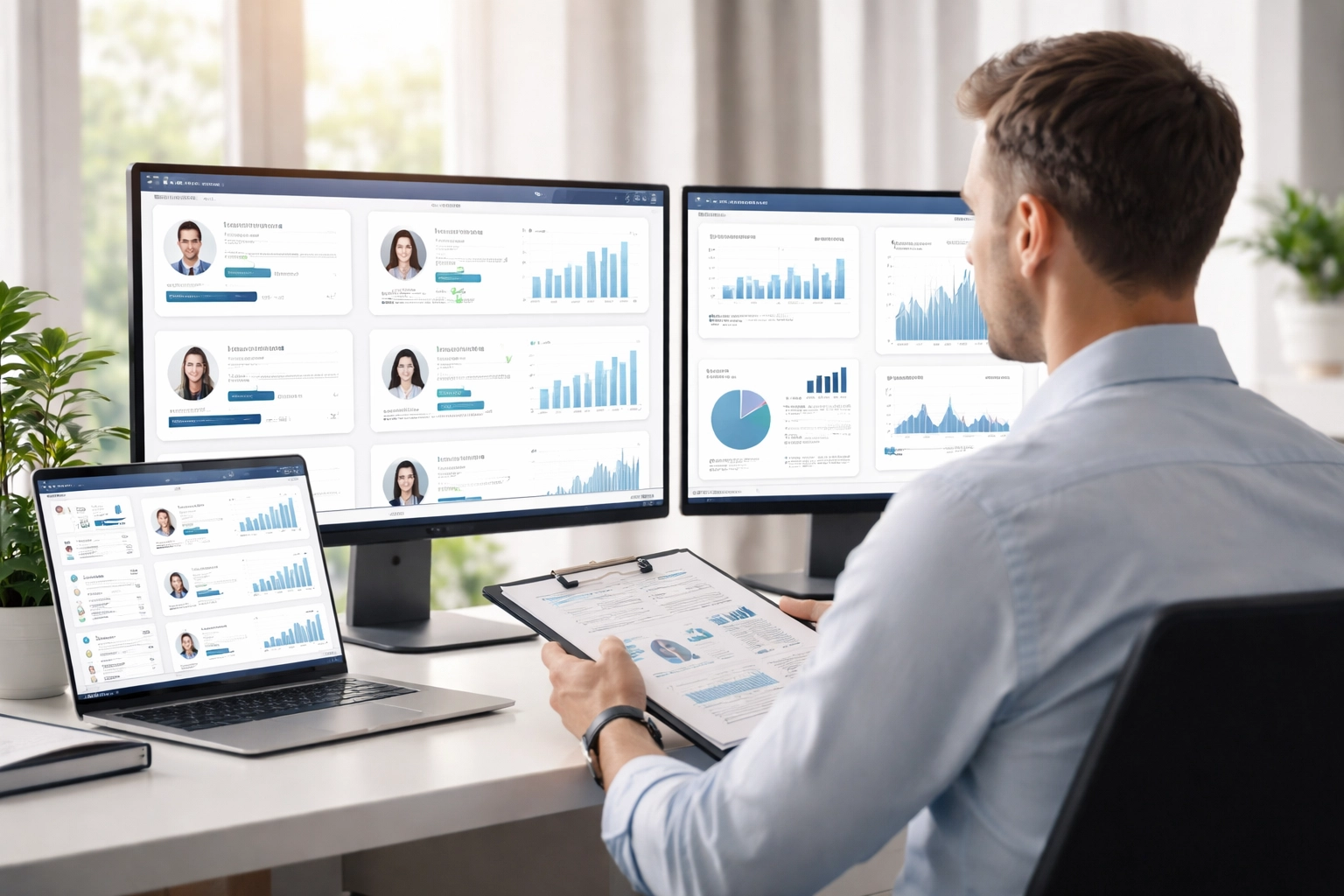 Property manager analyzing digital tenant screening data in a bright, modern office in 2026