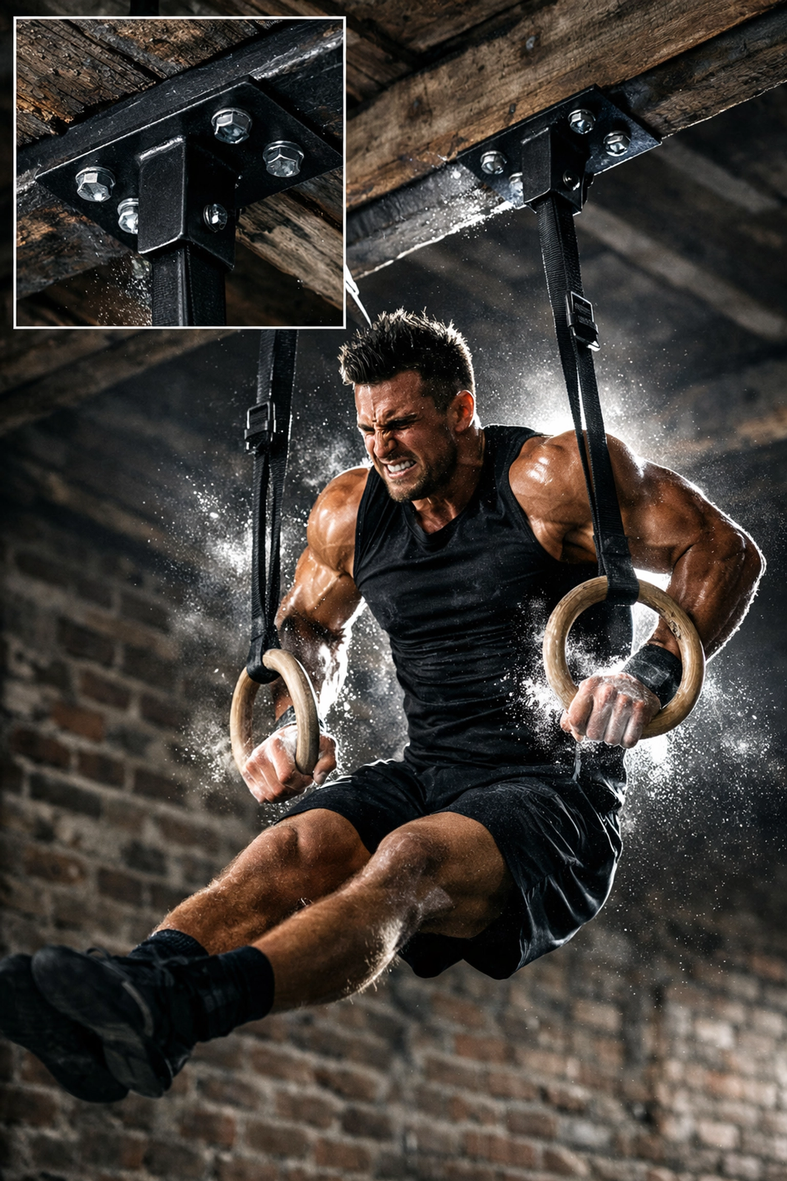 Gymnast performing a muscle-up on rings using a stable, high-tension floor to ceiling gym.