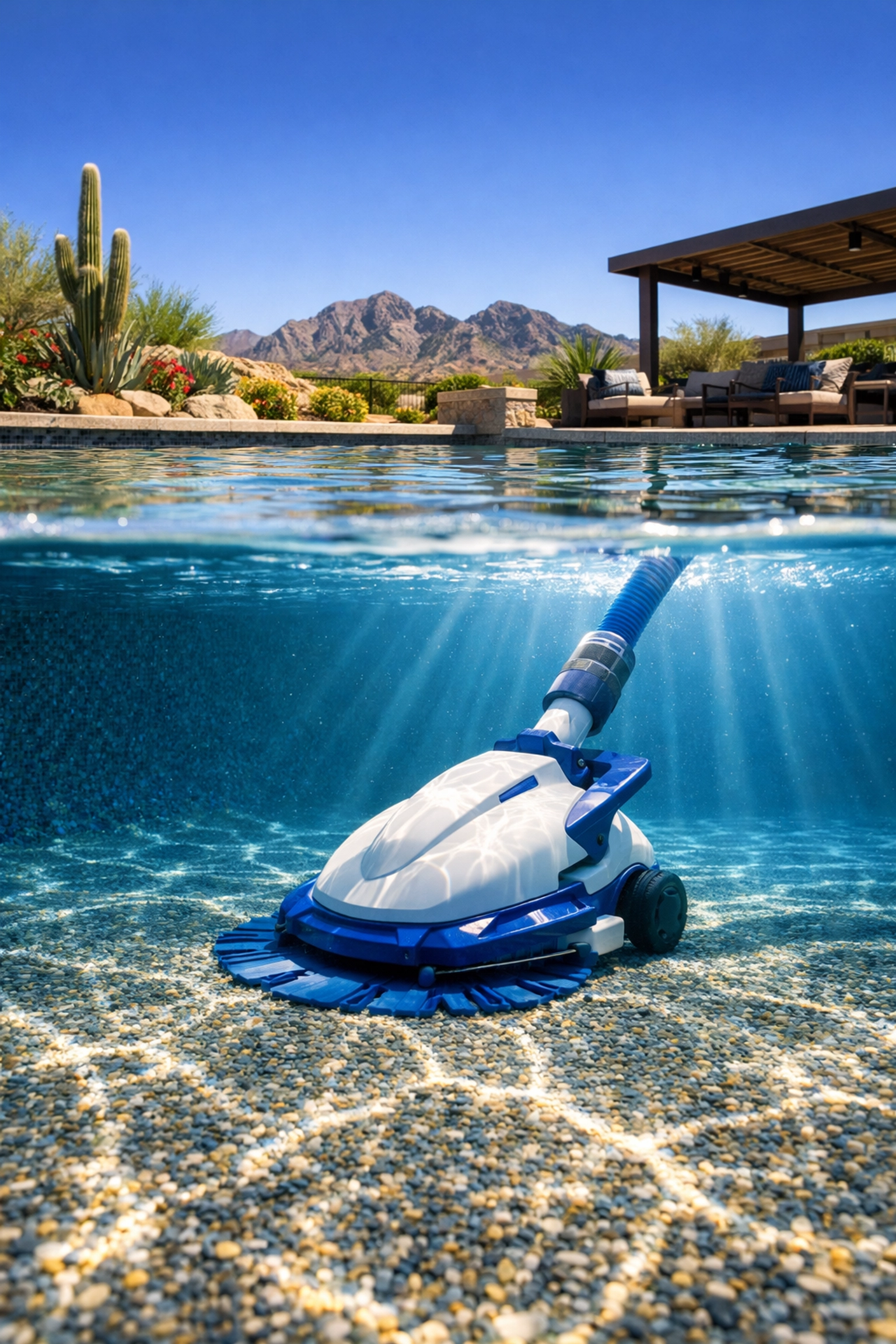 Automatic pool cleaner clearing debris from a Queen Creek, Arizona swimming pool floor during spring maintenance.