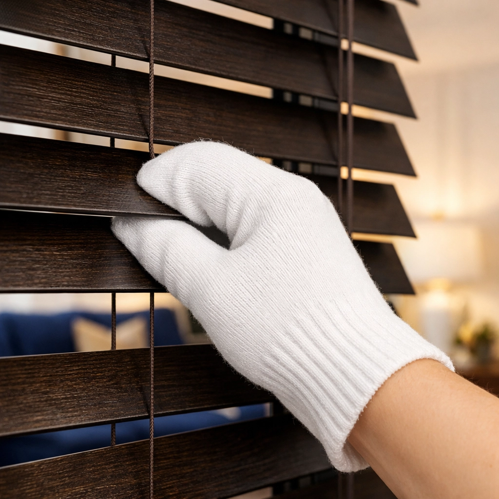A cleaning hack showing a hand with a white sock wiping dark wood blind slats.