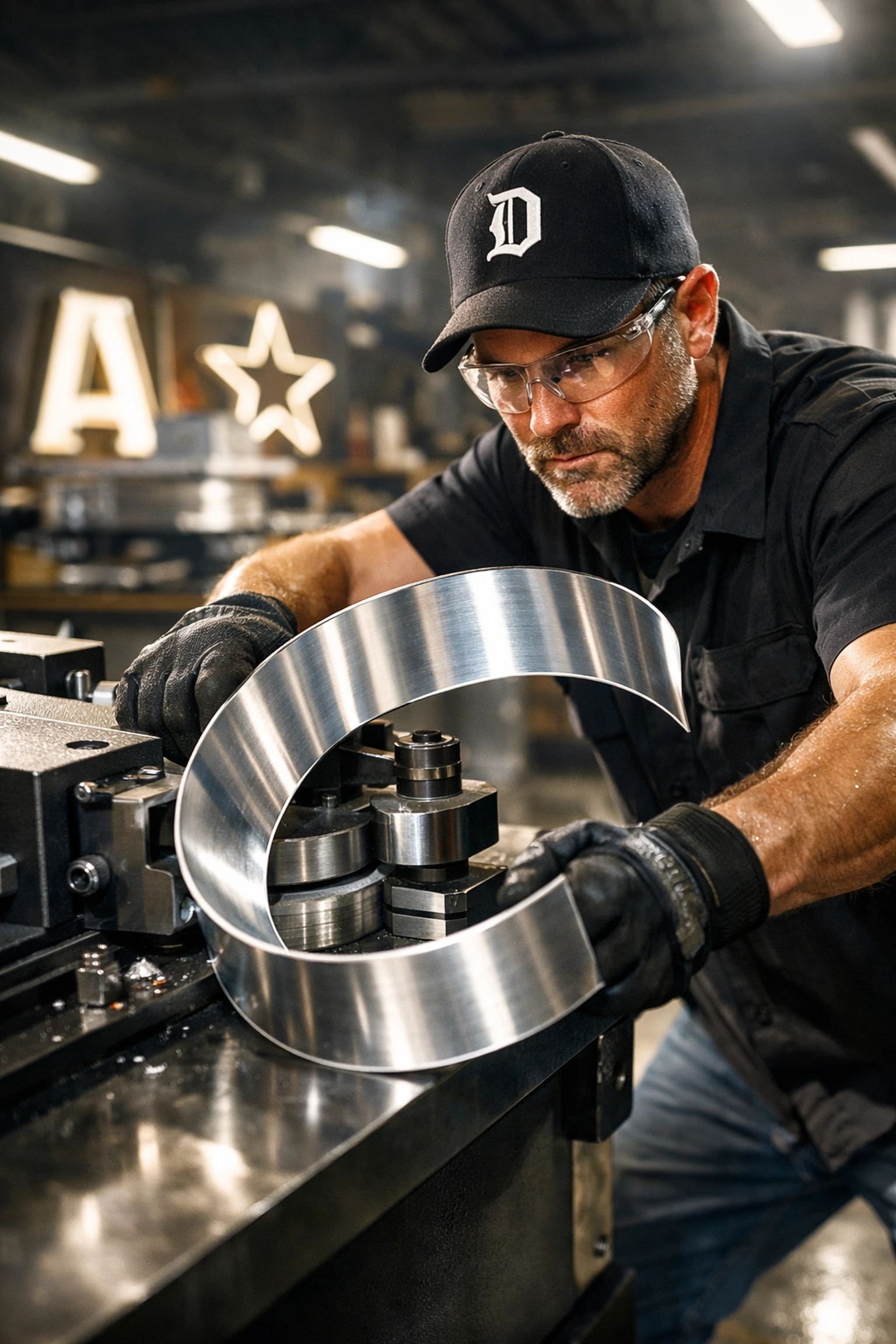 Expert craftsman fabricating custom metal channel letter signs in a Dallas sign manufacturing shop.