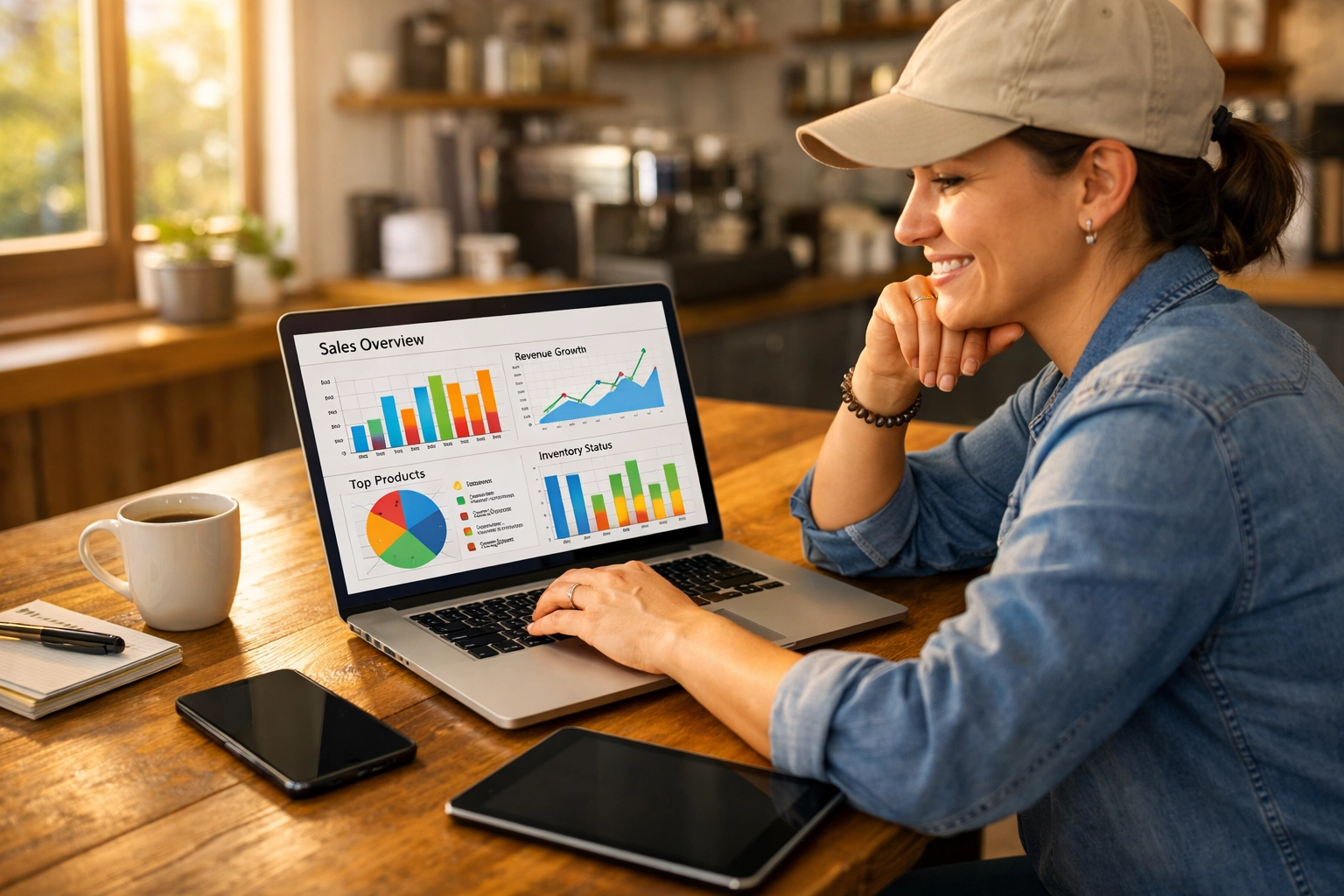 Business owner reviewing retail sales analytics on cloud-based EPOS system remotely