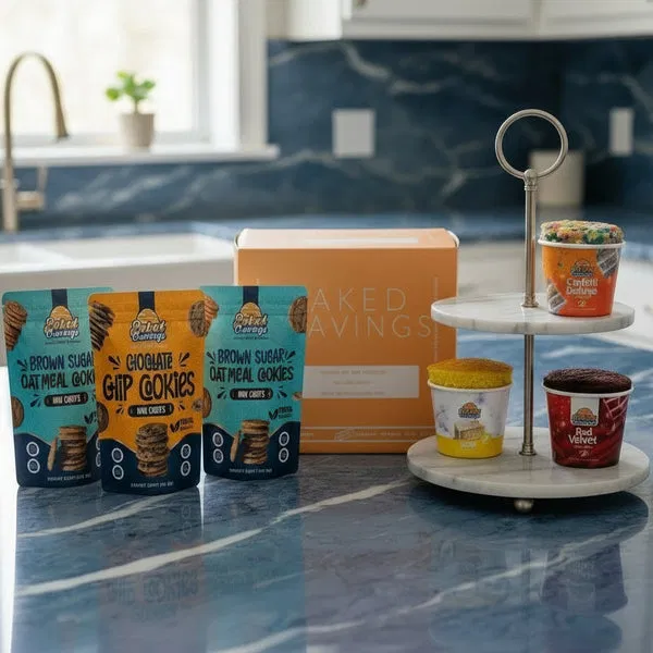 A curated selection featuring Baked Cravings’ nut-free Brown Sugar Oatmeal Cookies, Chocolate Chip Cookies, and Cake in a Cup flavors