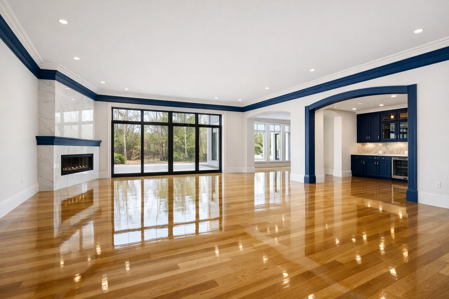 Polished hardwood floors in a luxury Natick home prepared by move-in cleaning service experts.