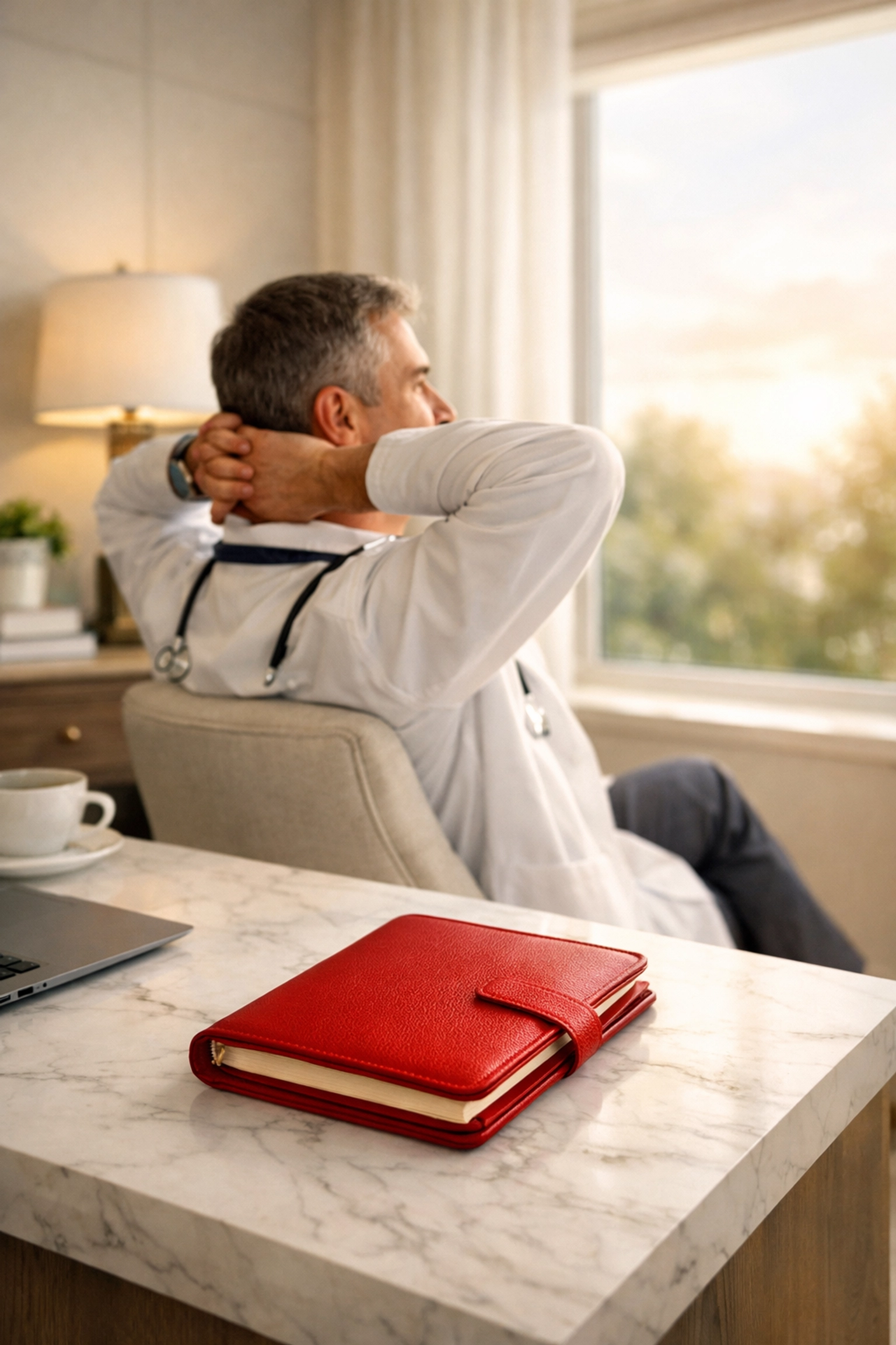A physician reflecting in a sunlit office, showing the peace of mind from comprehensive own occupation disability coverage.