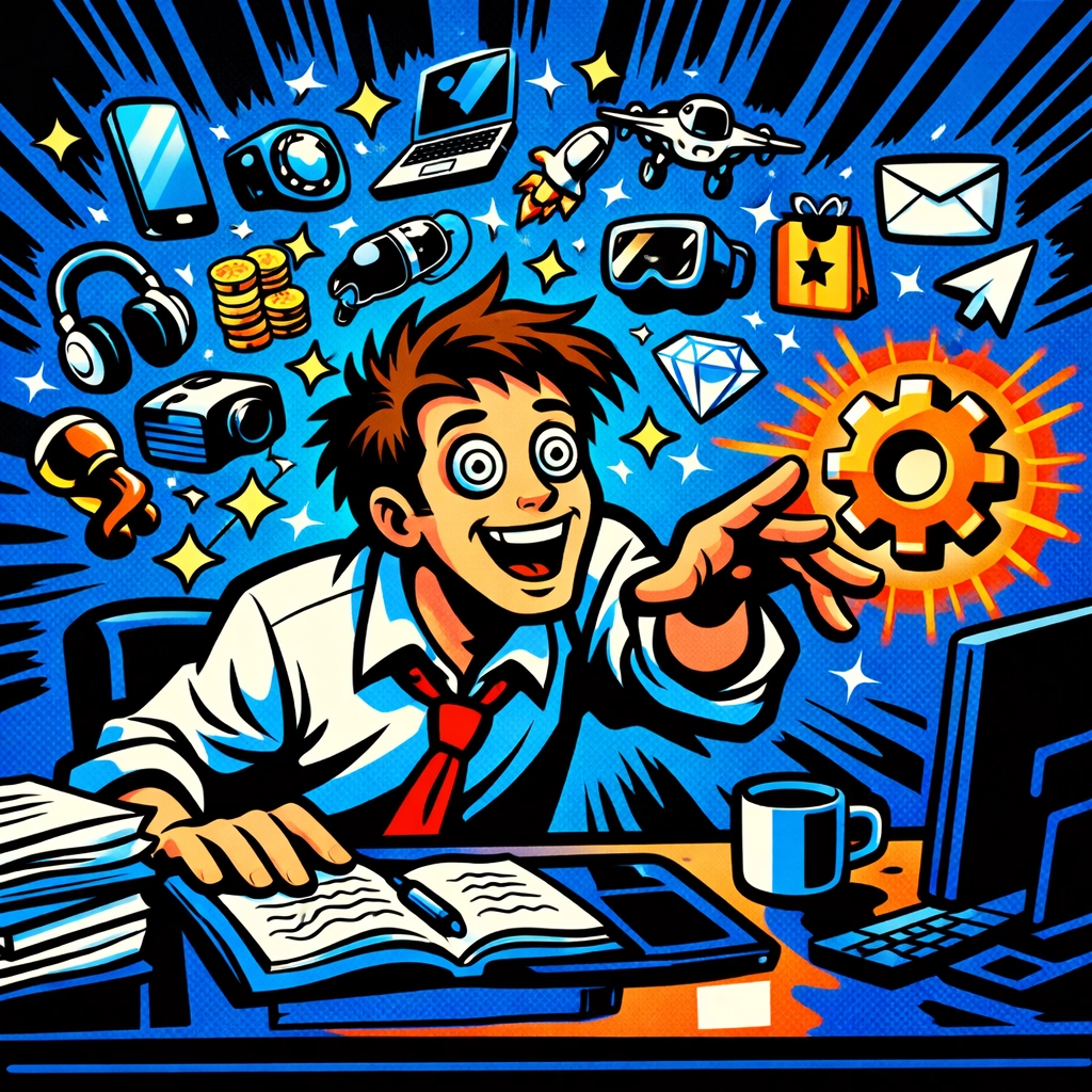 Small business owner distracted by shiny object AI assistants instead of focusing on workflow.