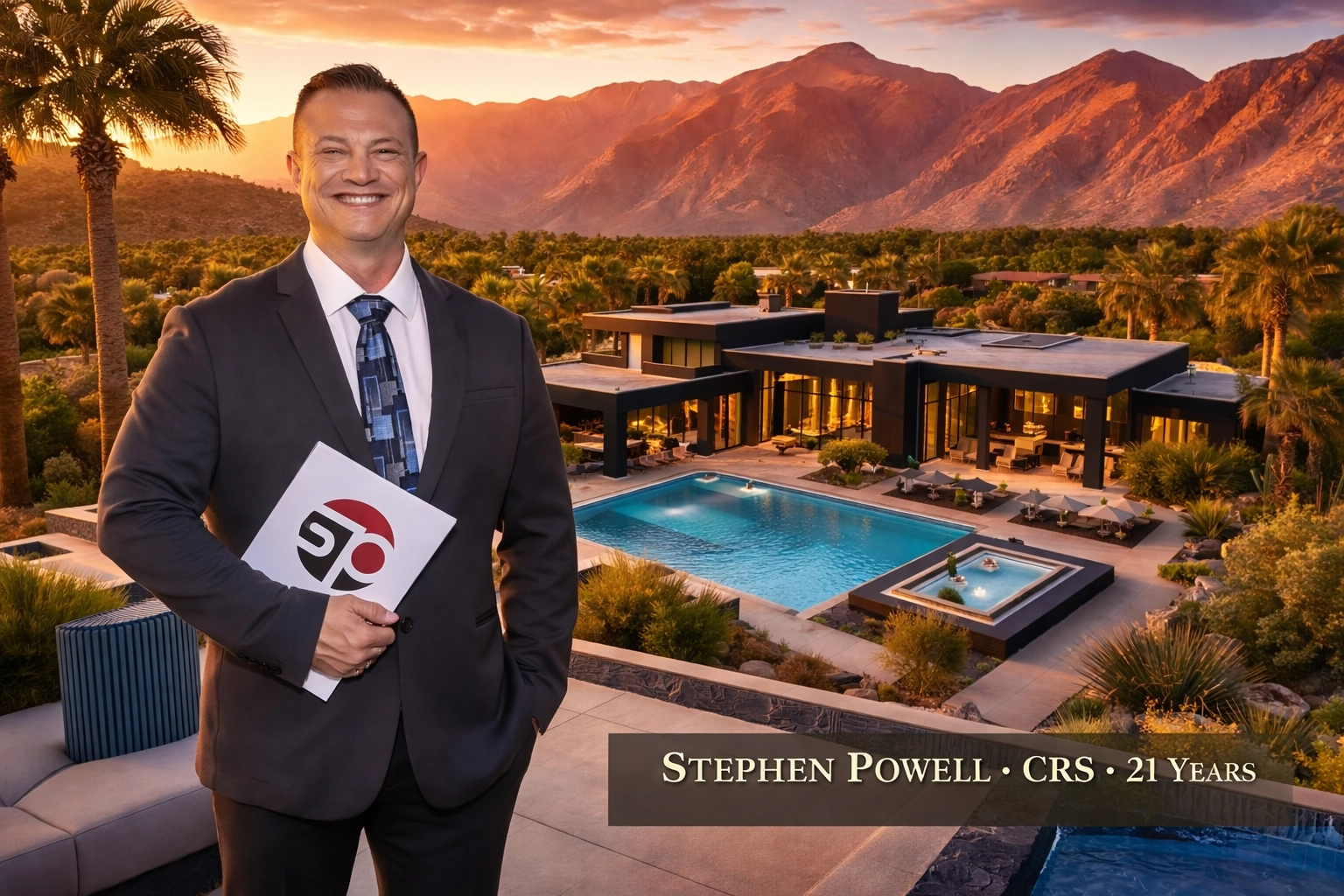 Luxury Palm Springs home at sunset with Stephen Powell featured as the central CRS expert, highlighting 21 years of experience.
