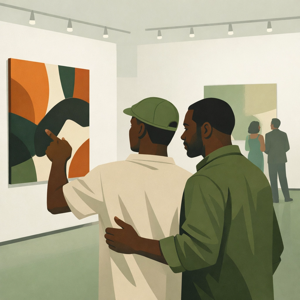 African LGBTQ+ refugees viewing art exhibition in Paris gallery sharing stories of survival