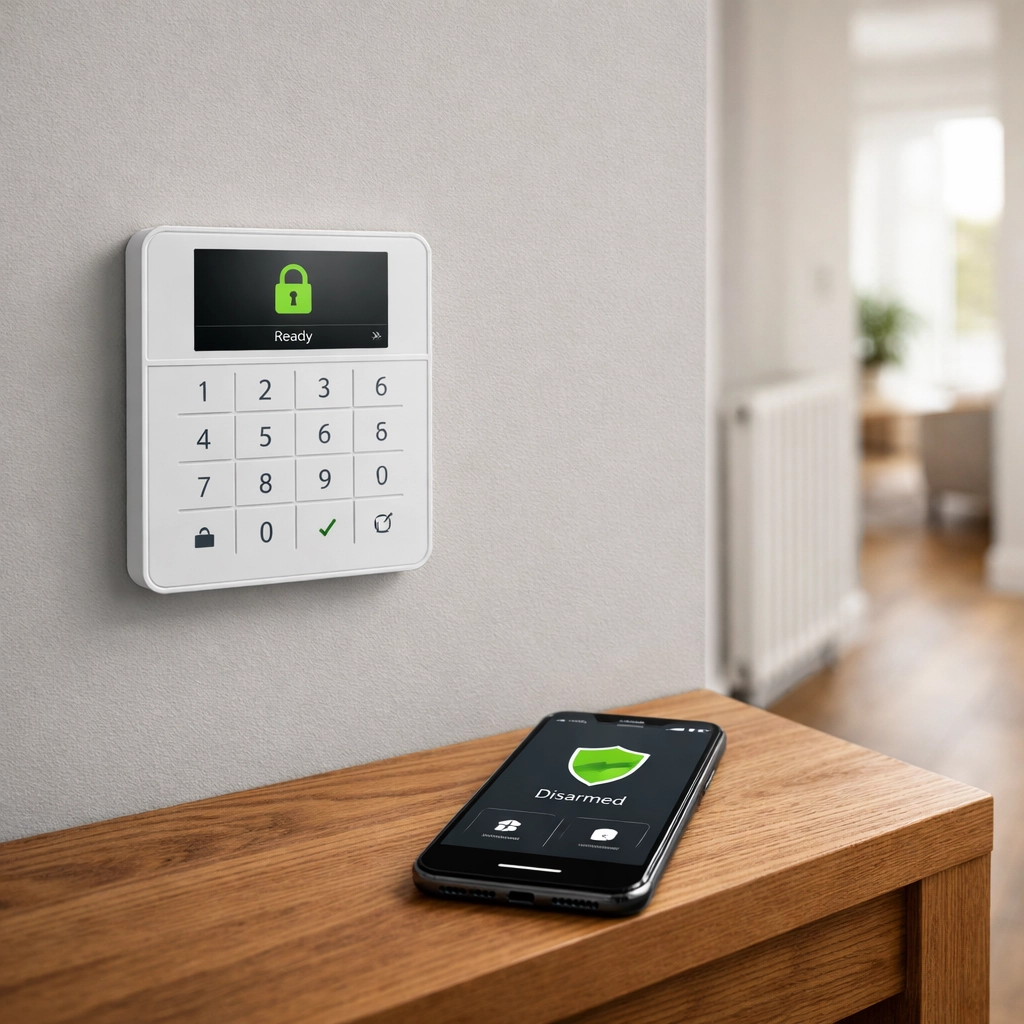 Professional wireless alarm keypad and smartphone app for a seamless home security installation in Oxford.