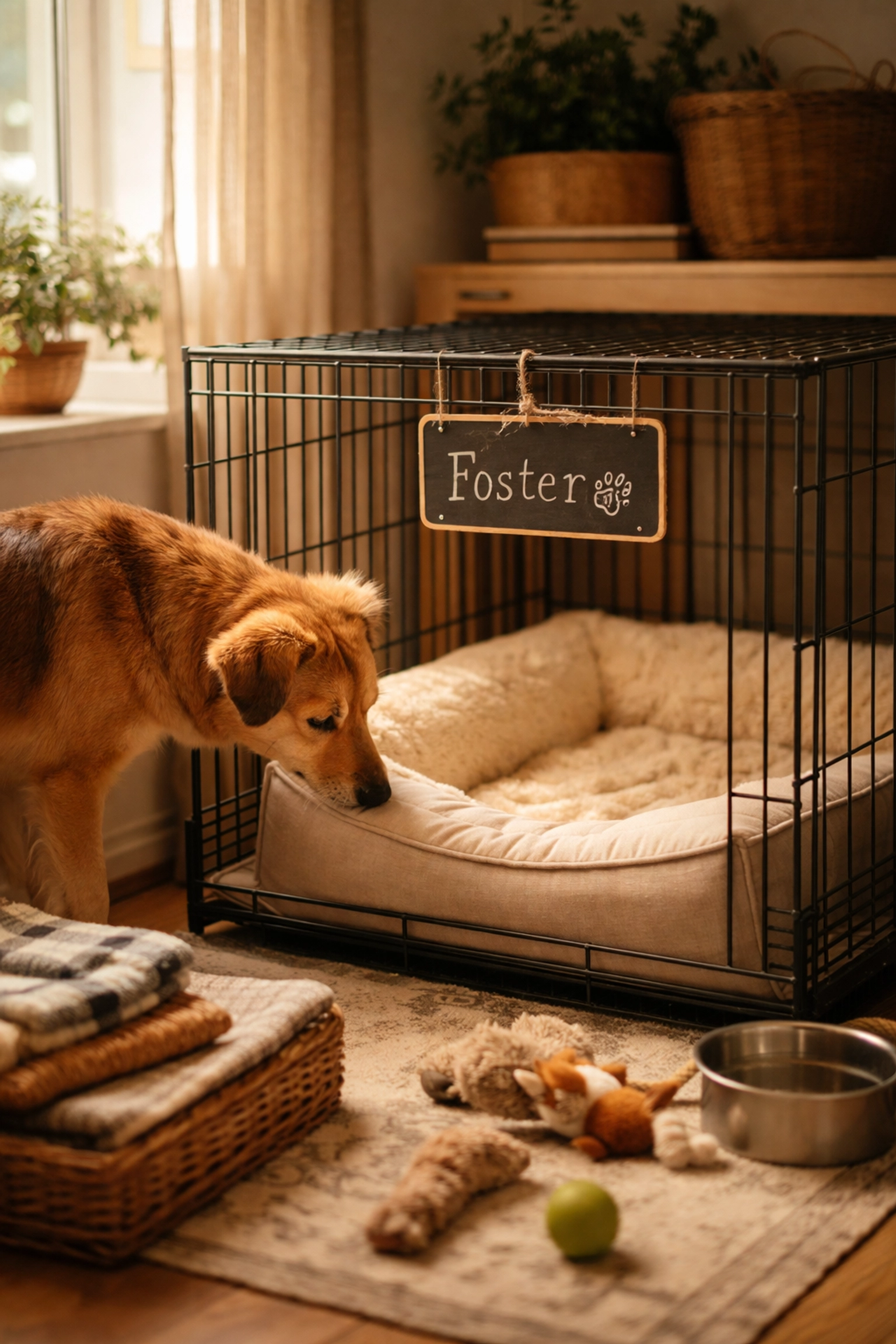 Foster dog exploring a cozy crate setup with bed and toys in a safe home space