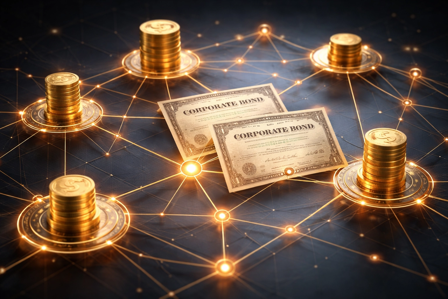 Golden coins, bonds, and digital nodes illustrate private credit and modern lending diversification strategies for 2026 portfolios.