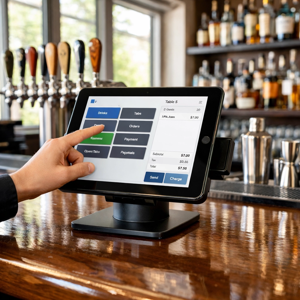 EPOS Now tablet POS system on pub bar counter with intuitive touchscreen interface
