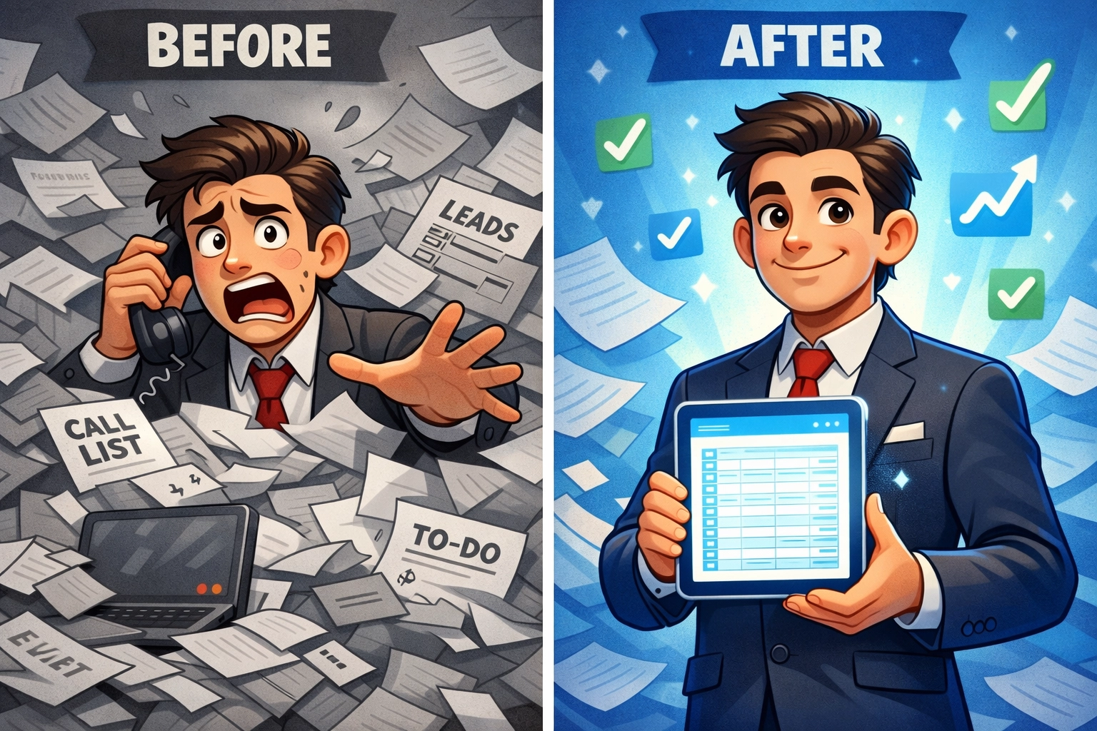 Before and after comparison of chaotic prospecting versus organized Excel data list for agents