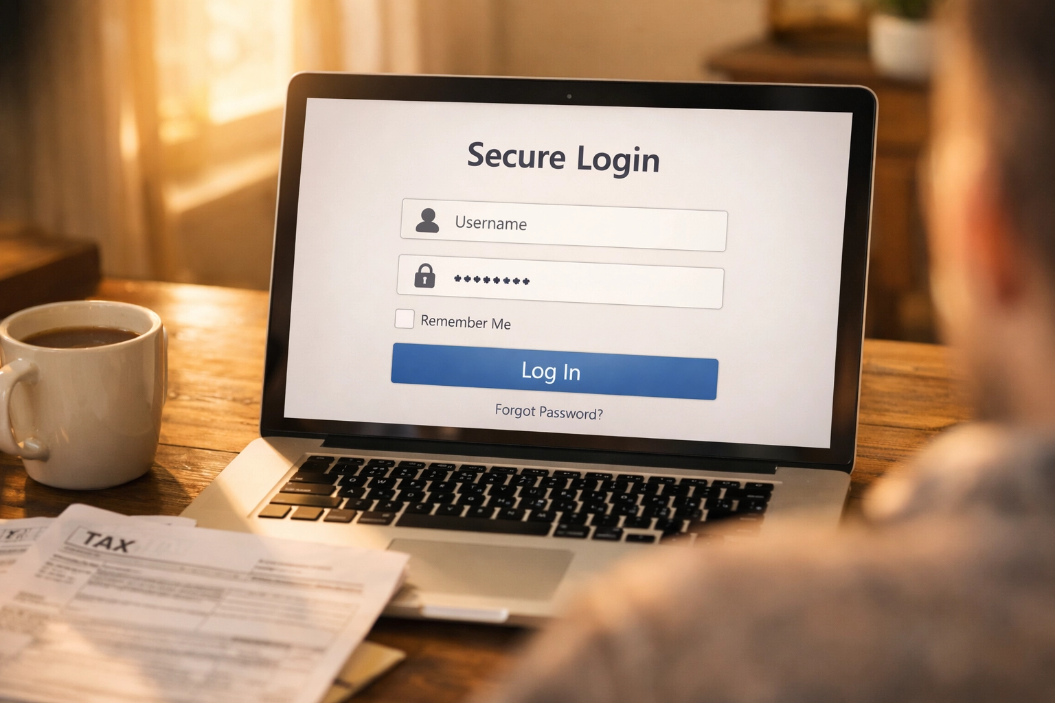 Setting up IRS online account login on laptop in home office with tax documents nearby