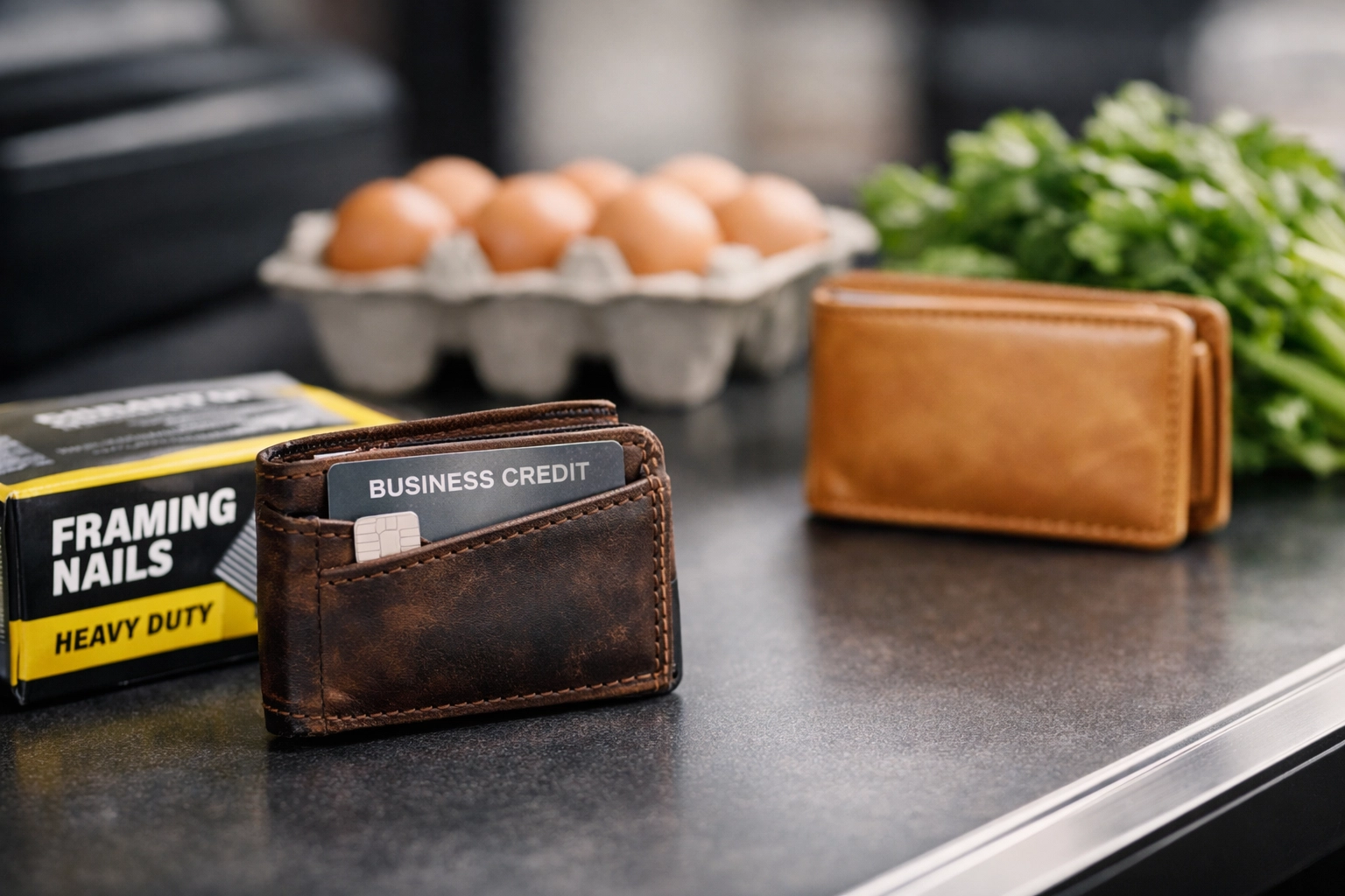 Dedicated business credit card separate from personal expenses on a retail checkout counter.