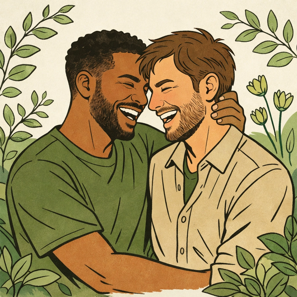 A happy gay couple laughing in a garden, illustrating the strength of queer joy in MM romance novels.