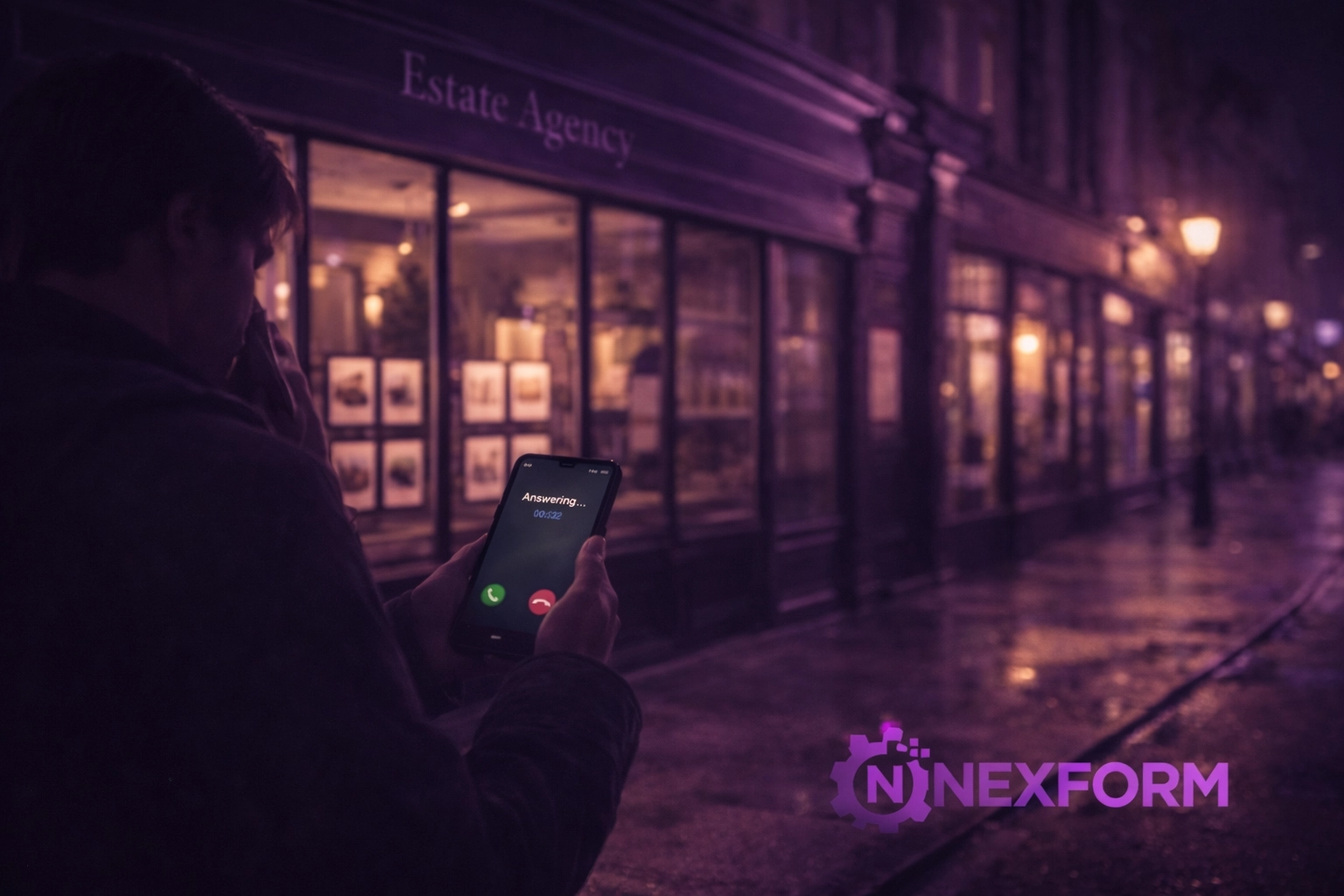 An estate agency storefront at night with a glowing phone receiving a 24/7 AI voice lead.