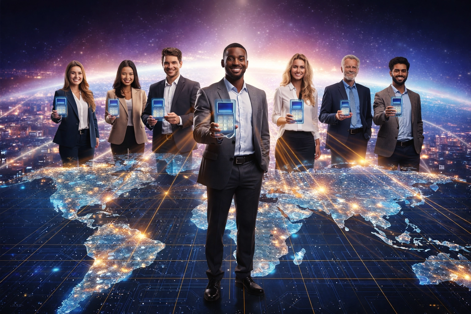 Diverse entrepreneurs on a glowing world map connected by golden light, symbolizing global reach and financial sovereignty in Web3 payments.