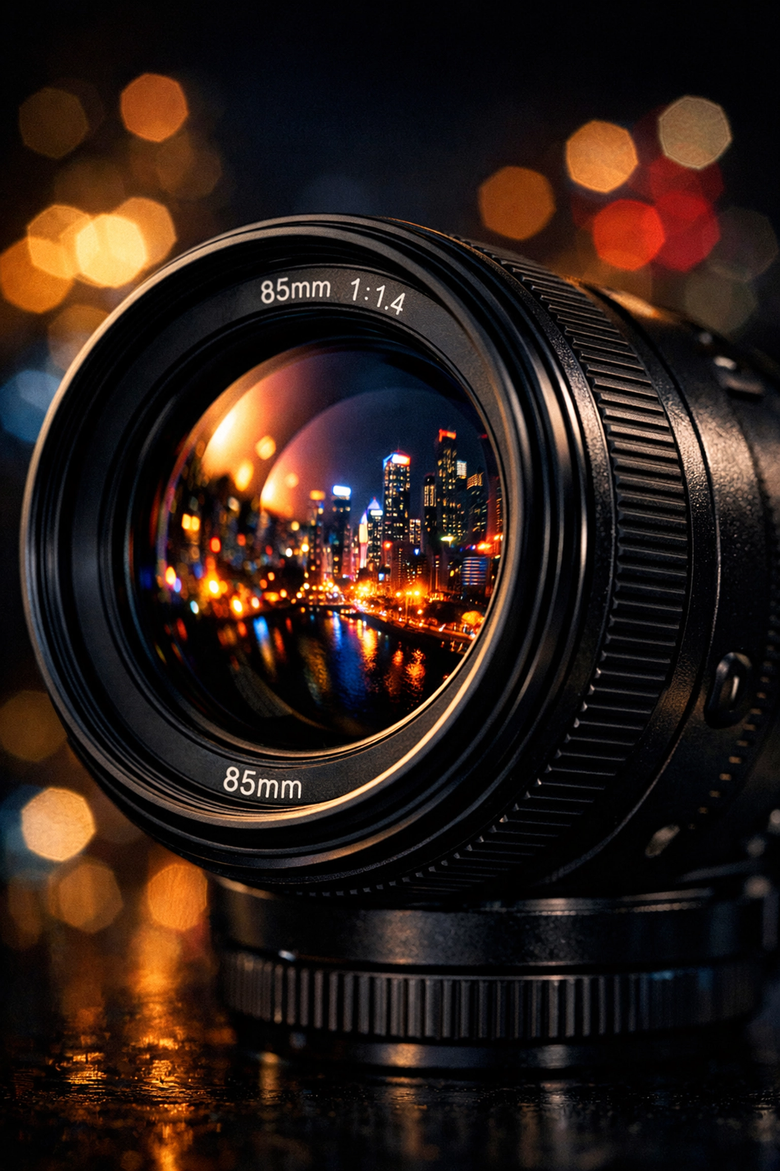 The Ultimate Guide to Proshoot.io: Everything You Need to Succeed as a Modern Creative 4 Detailed close-up of a professional camera lens reflecting a colorful city skyline at night.
