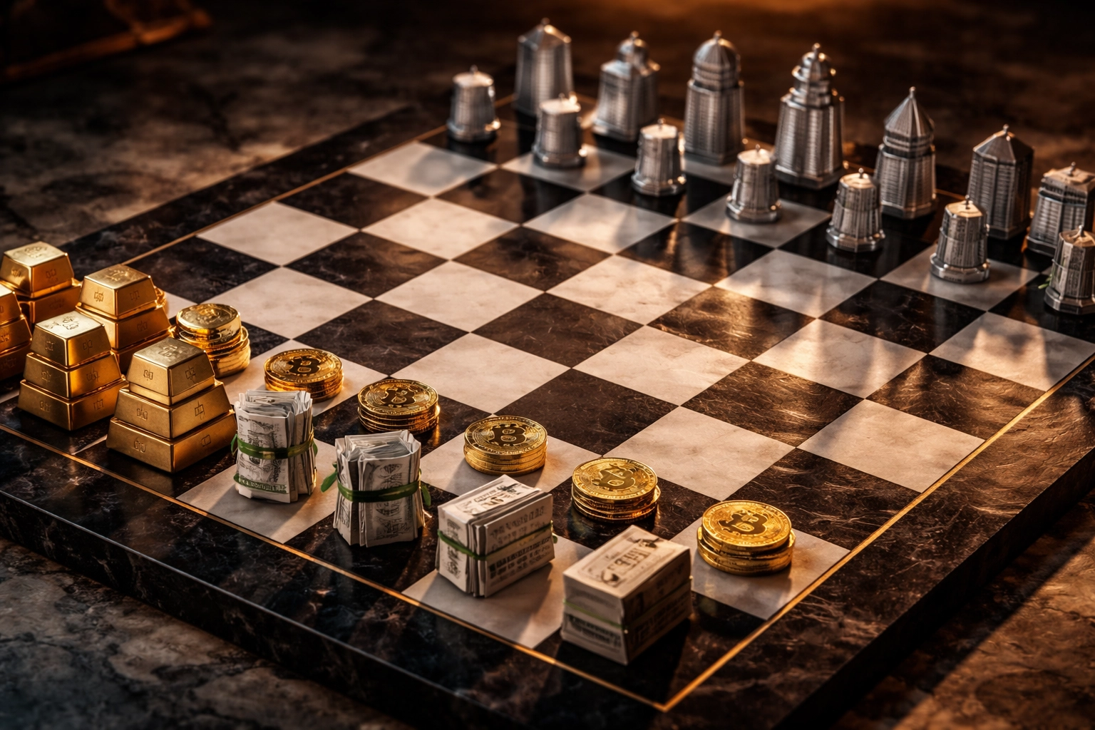 Chessboard with gold bars, buildings, and crypto coins symbolizing portfolio diversification strategy
