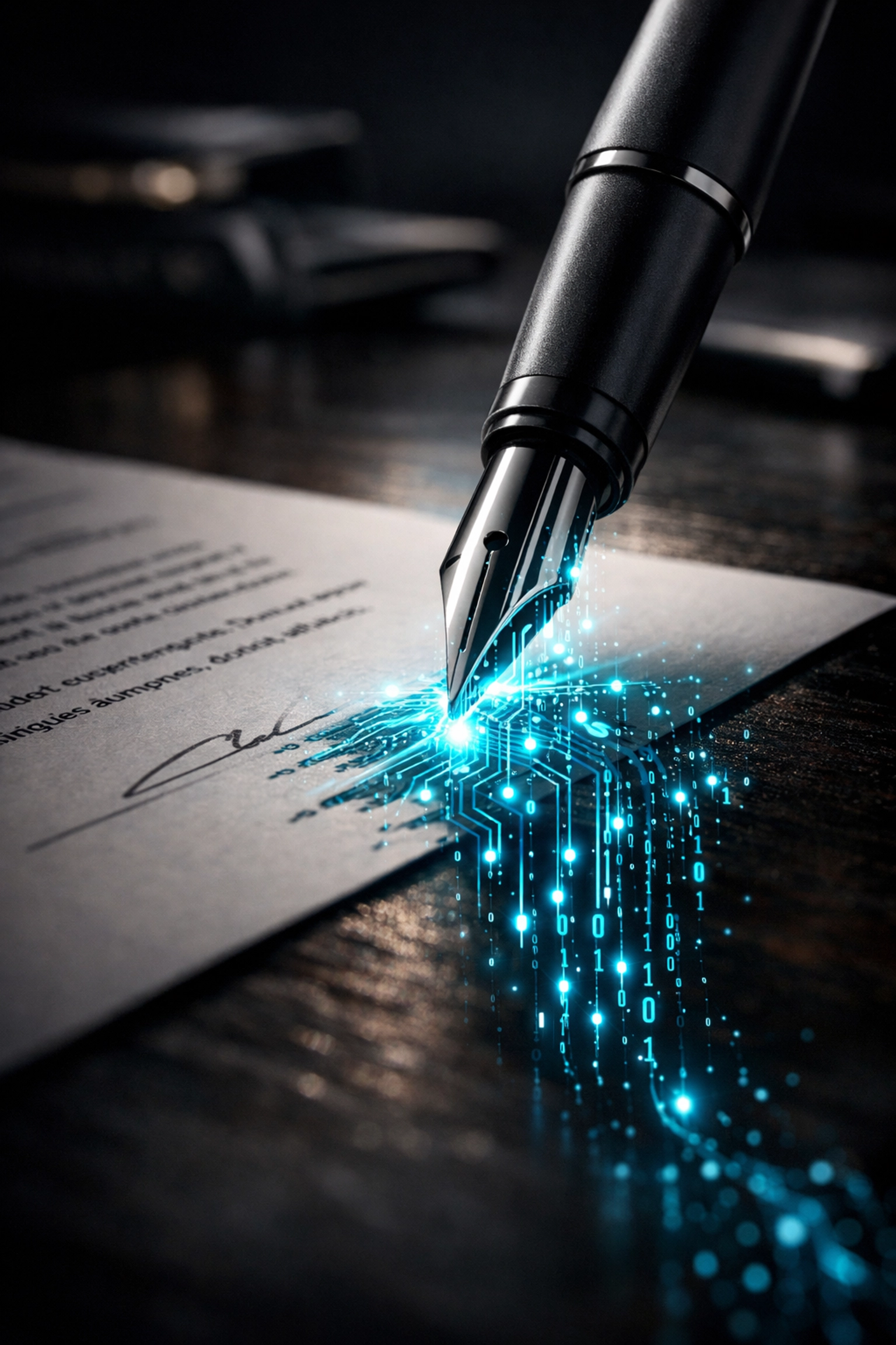 Fountain pen signing a document that turns into digital code, illustrating the SSN as a commercial entity.