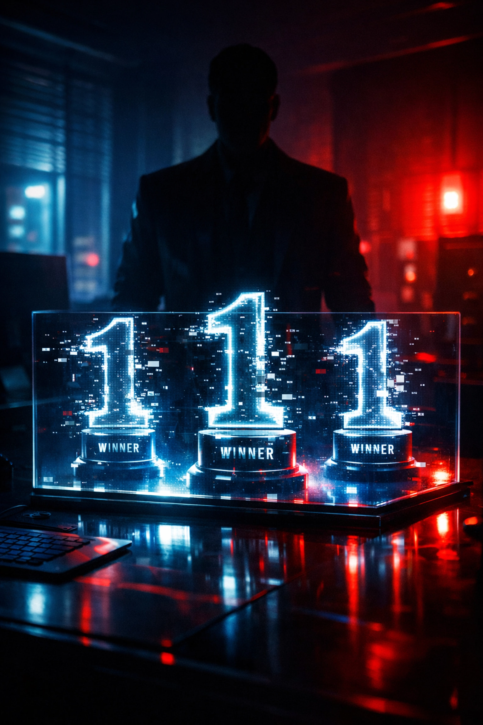 Warning sign of SEO scams showing a glitching trophy, highlighting the risk of fake ranking guarantees.